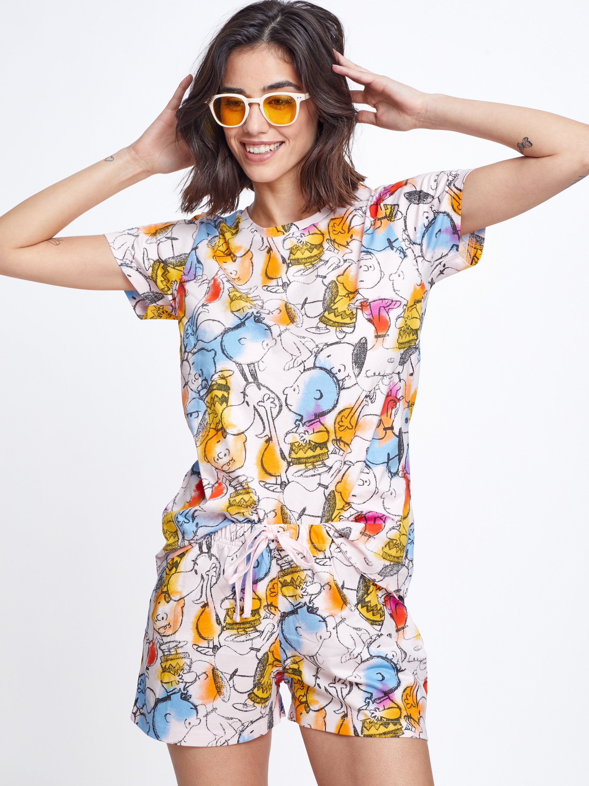 סט פיג'מה סנופי וחברים 100% כותנה - ורוד