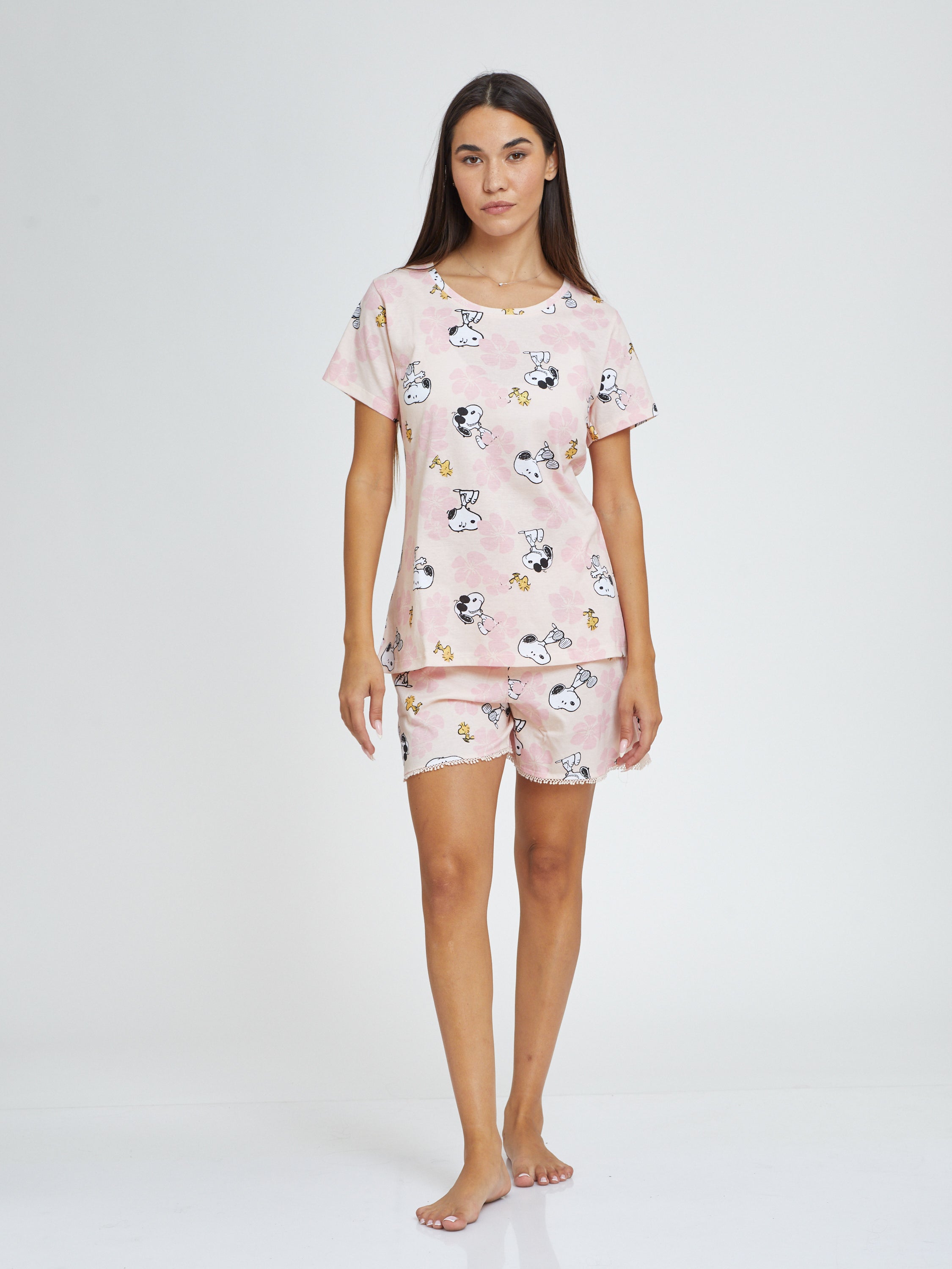 פיג'מה קצרה סנופי פרחים כותנה