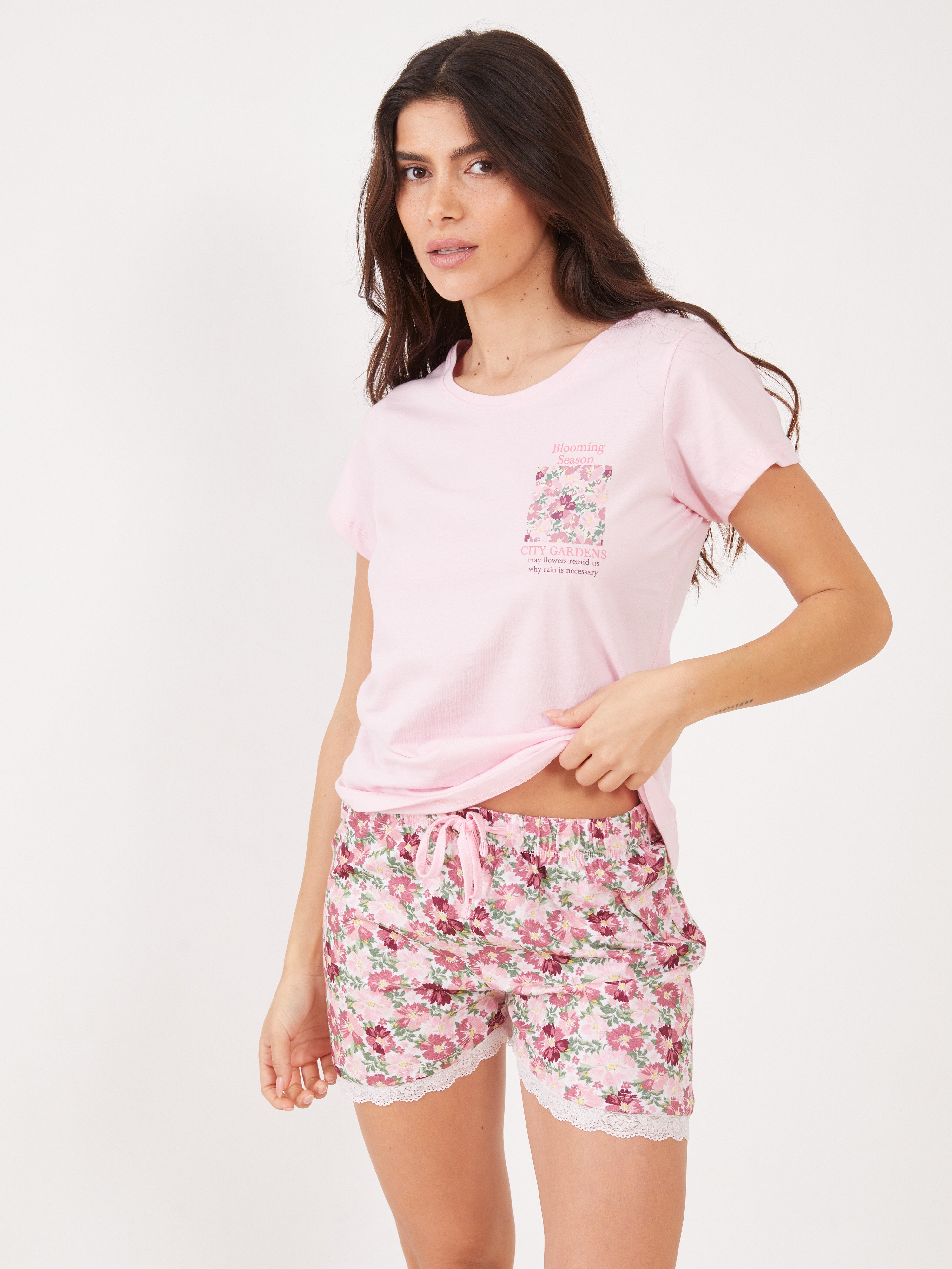 פיג'מה קצרה פרחונית כותנה - ורוד