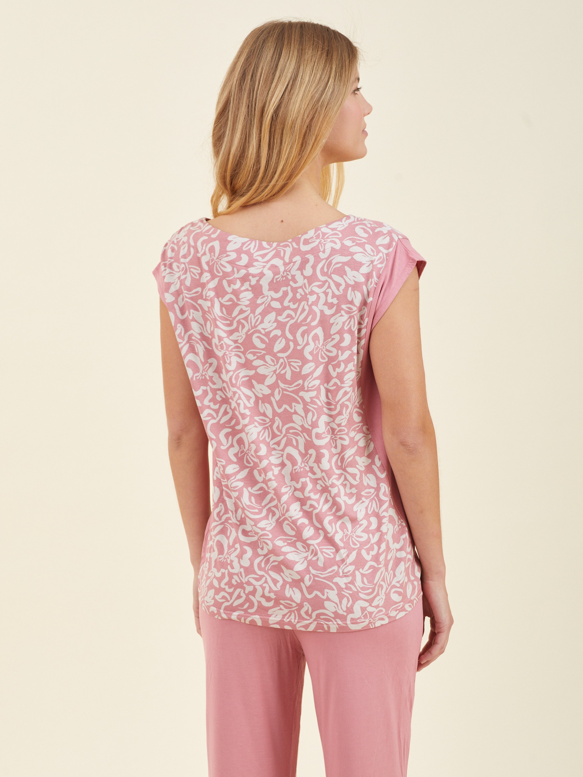 סט פיג'מה 3/4 פרחים כותנה - ורוד מעושן - TE.HA.BAD