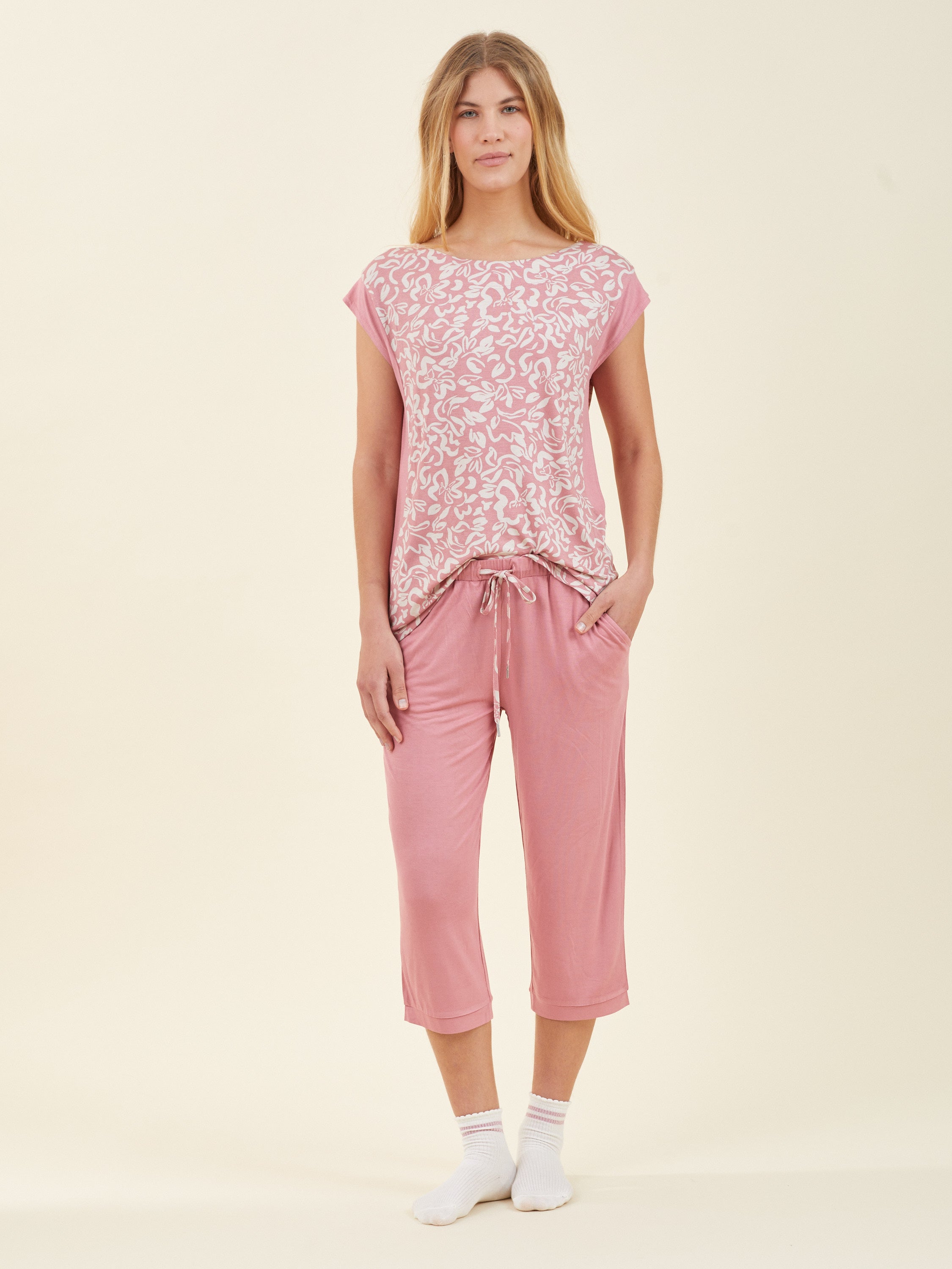 סט פיג'מה 3/4 פרחים כותנה - ורוד מעושן - TE.HA.BAD