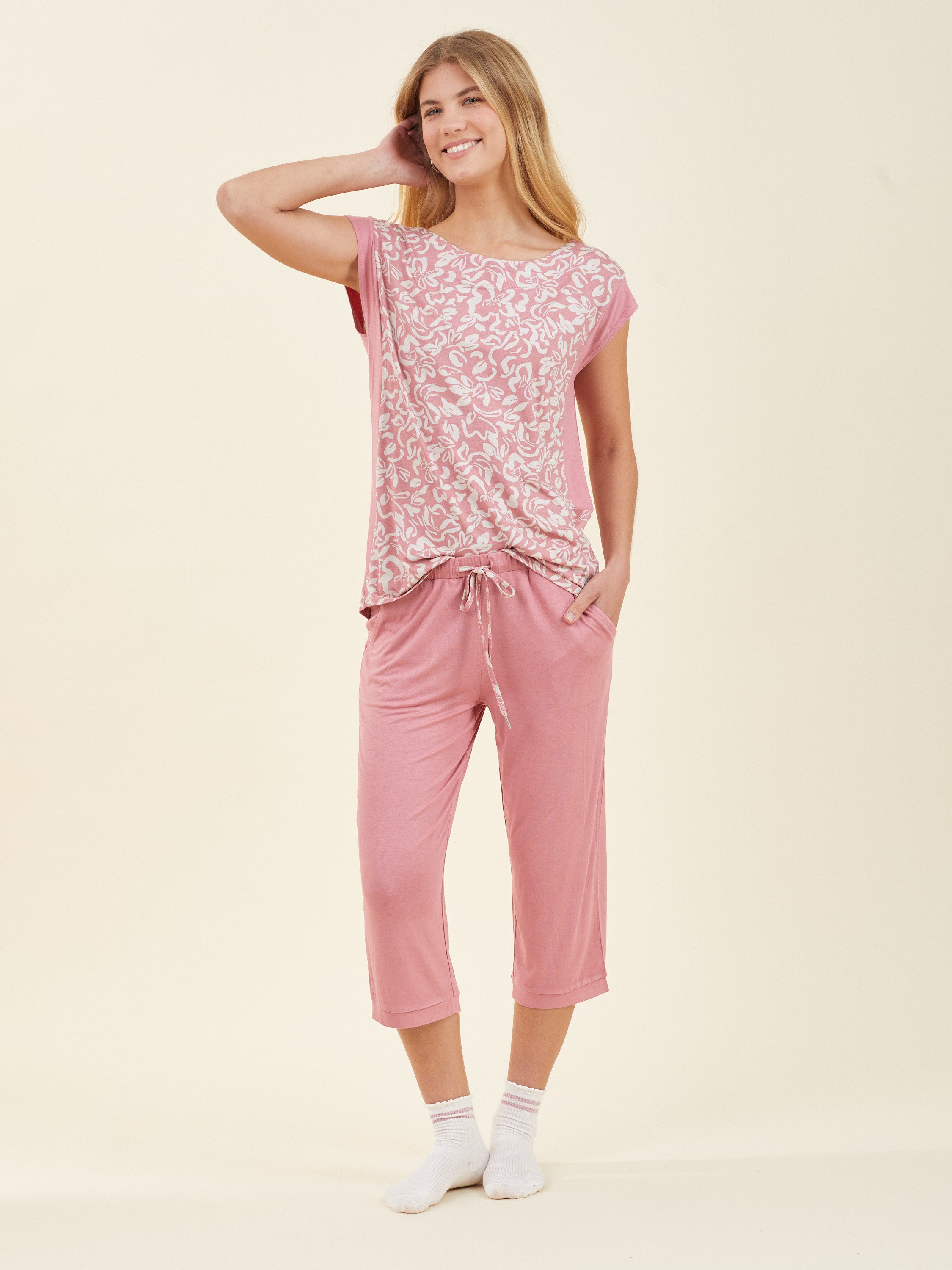 סט פיג'מה 3/4 פרחים כותנה - ורוד מעושן - TE.HA.BAD