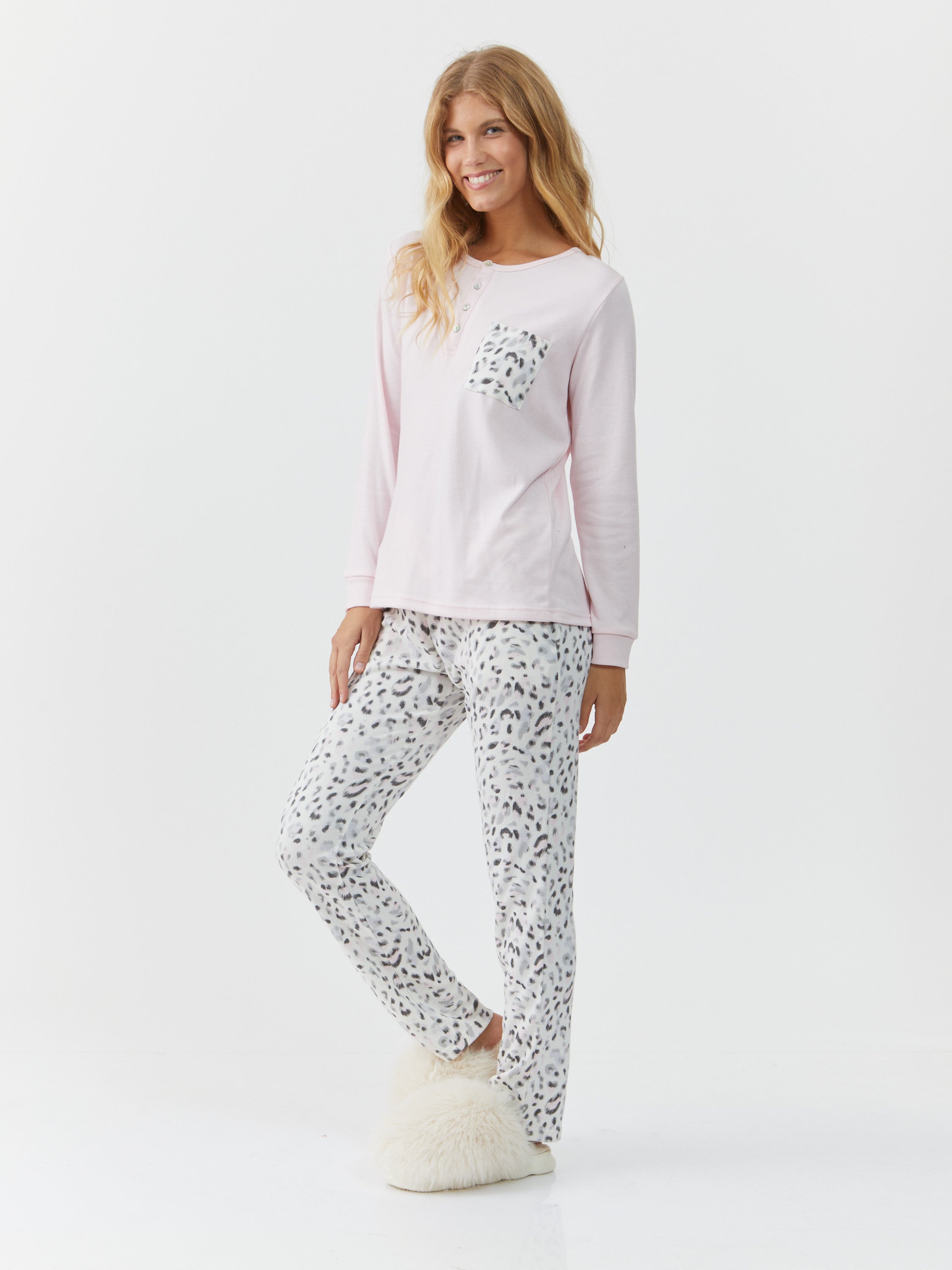 סט פיג'מת אינטרלוק מנומר - ורוד