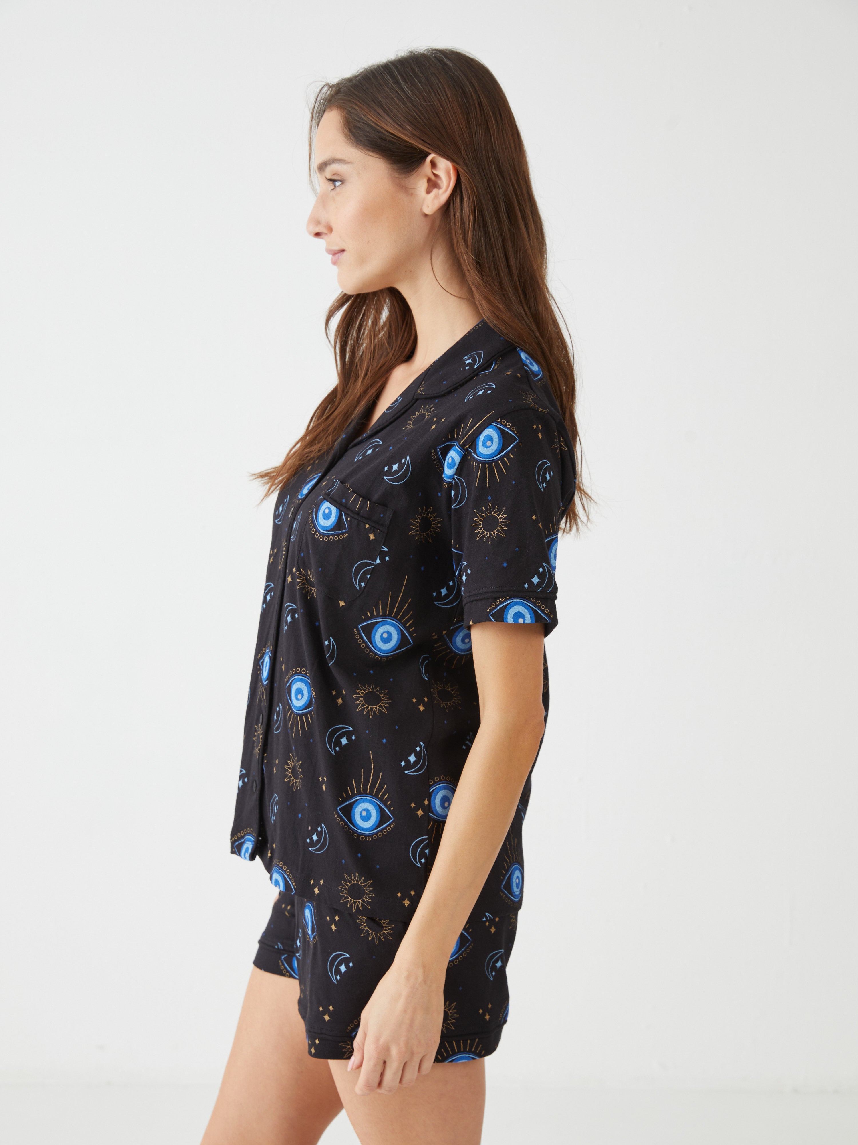 פיגמה כותנה מכופתרת מ.קצר- עיניים - שחור