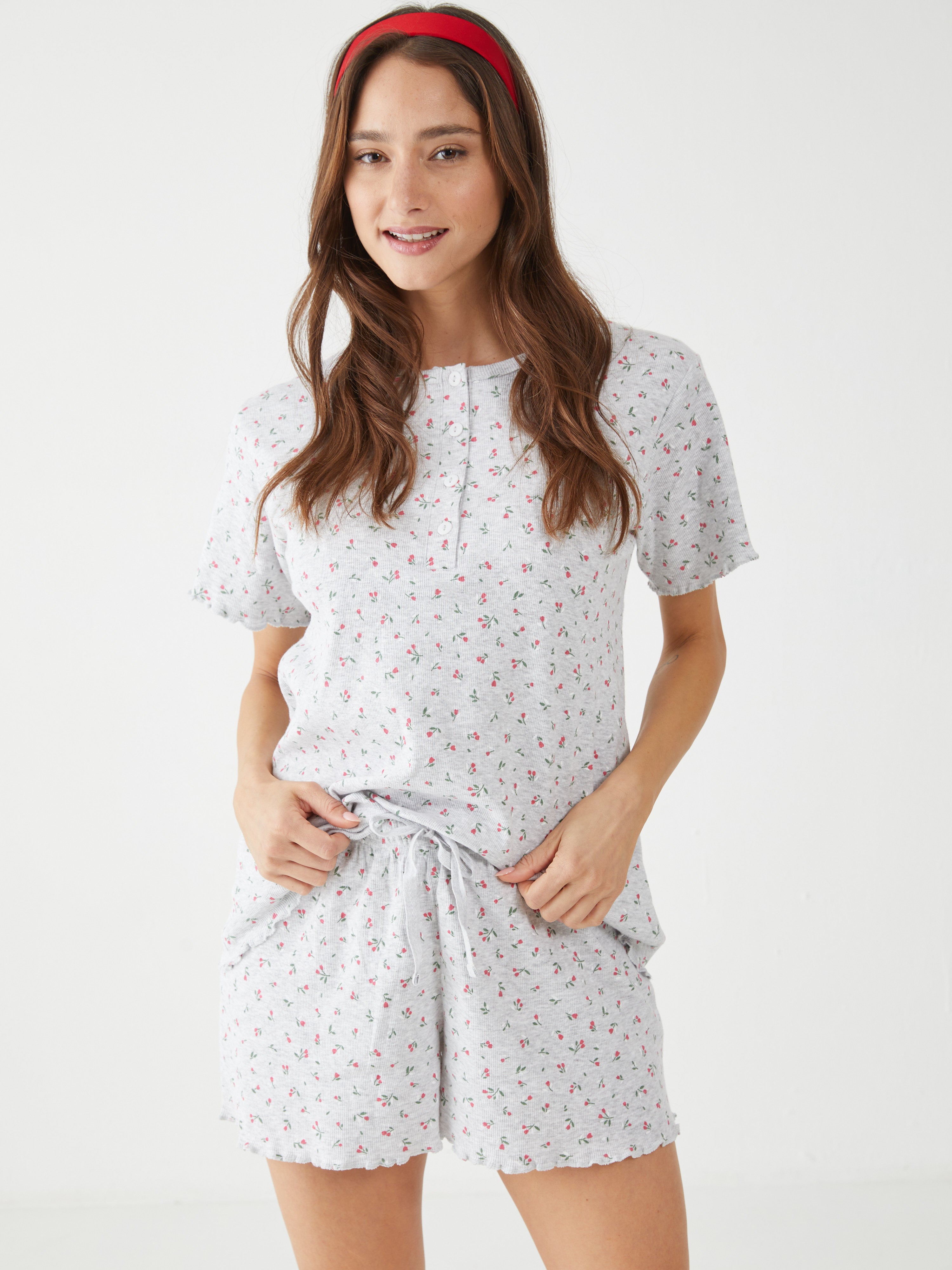 פיגמה כותנה ריב מ.קצר- פרחוני - אפור