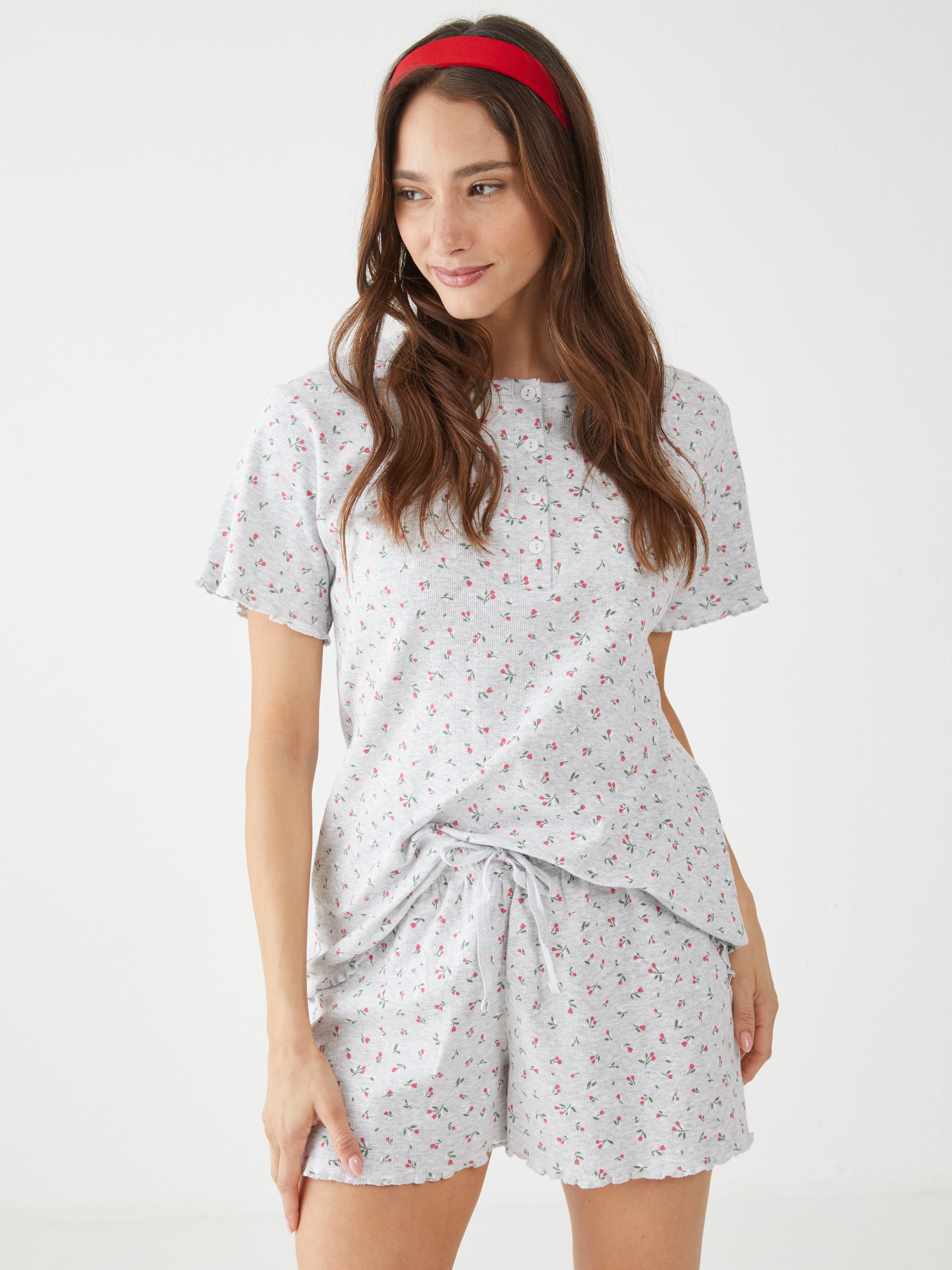 פיגמה כותנה ריב מ.קצר- פרחוני - אפור