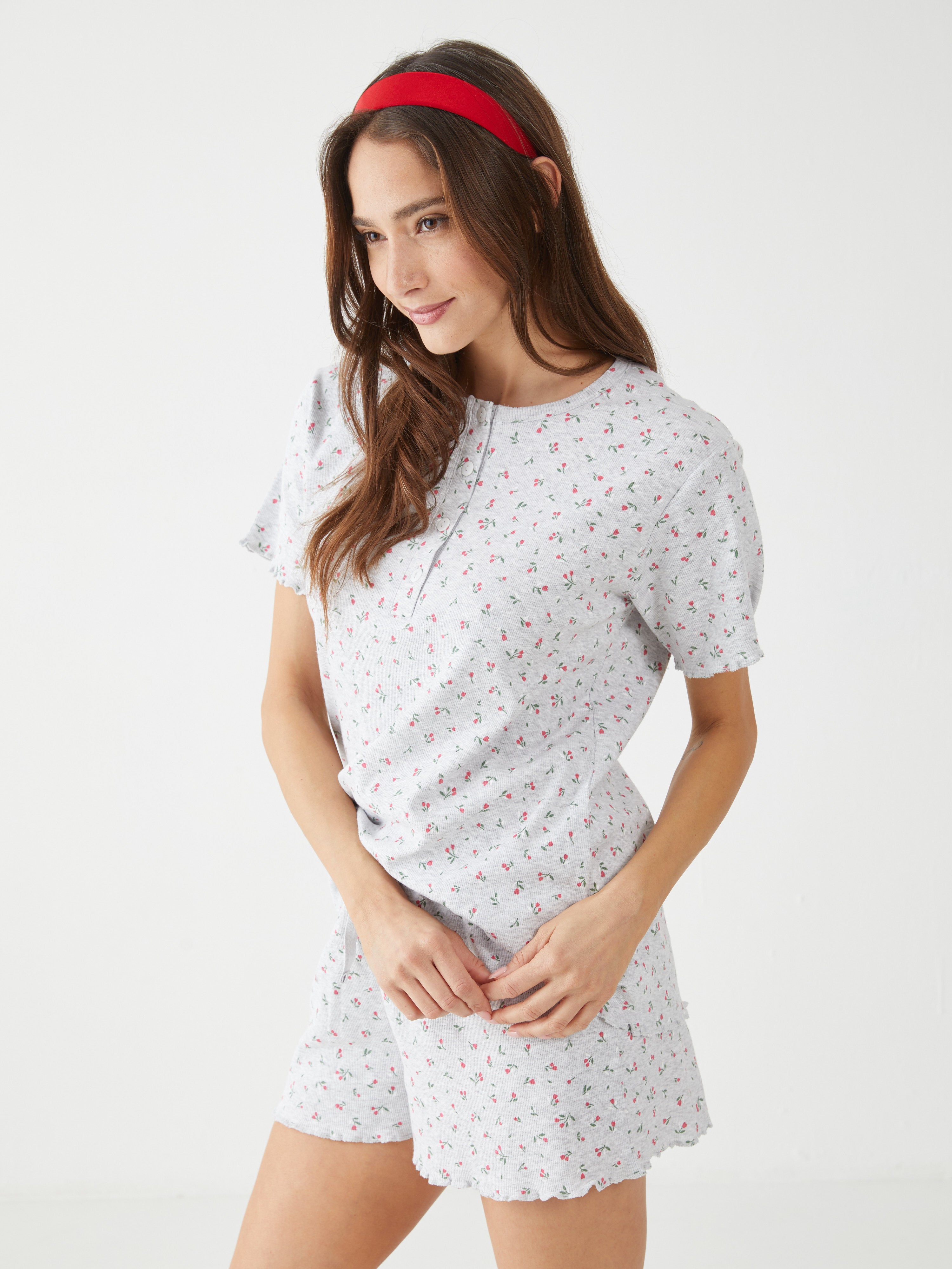 פיגמה כותנה ריב מ.קצר- פרחוני - אפור