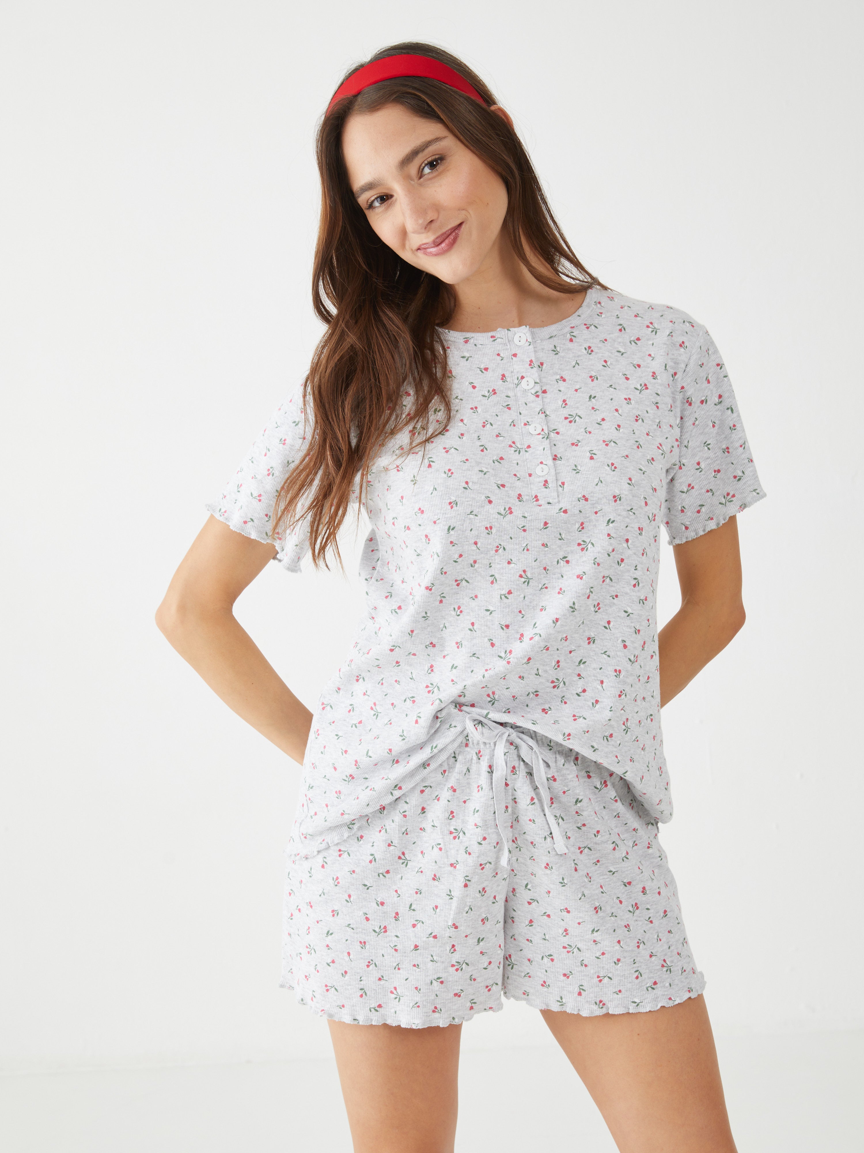 פיגמה כותנה ריב מ.קצר- פרחוני - אפור