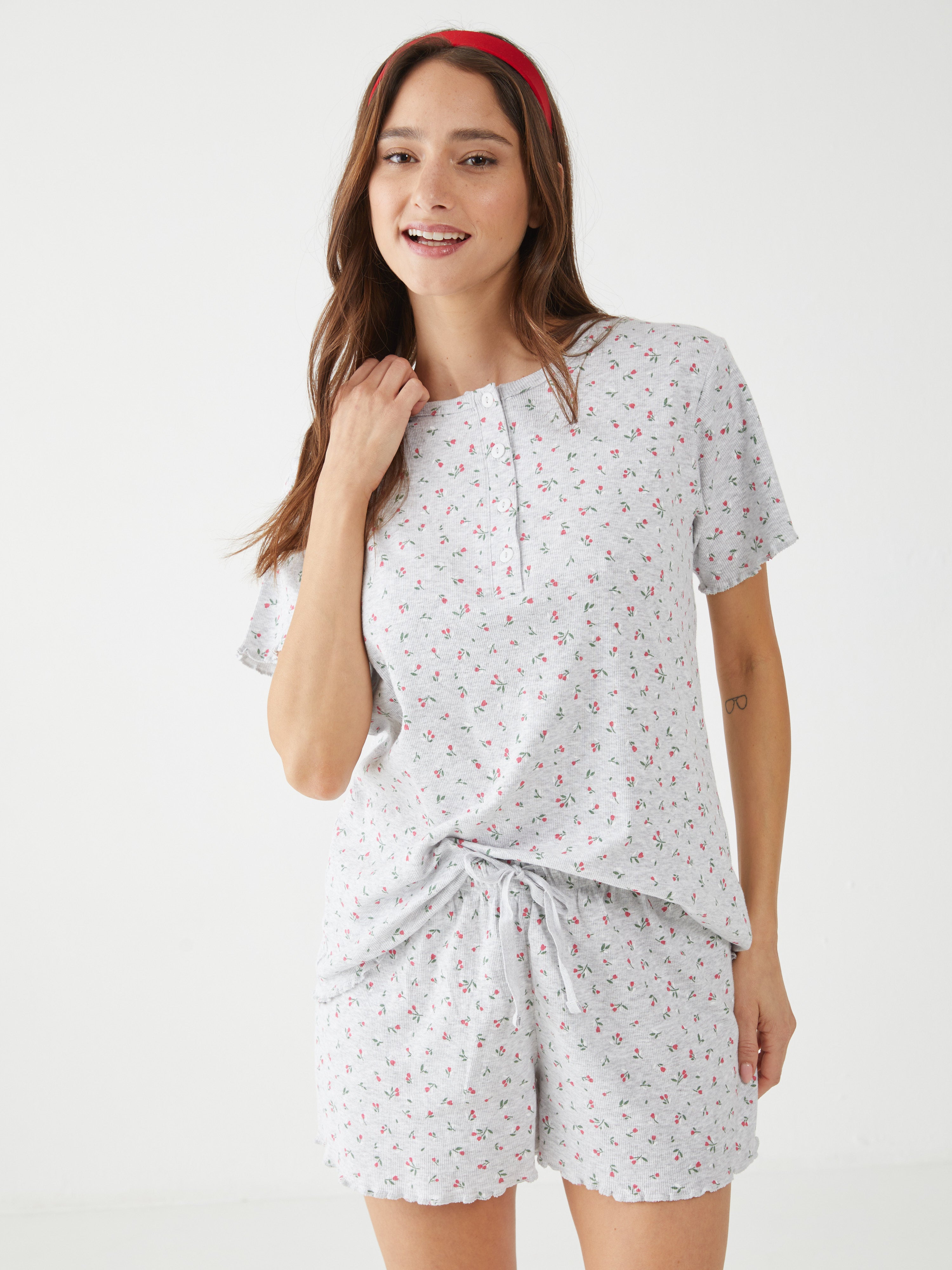 פיגמה כותנה ריב מ.קצר- פרחוני - אפור