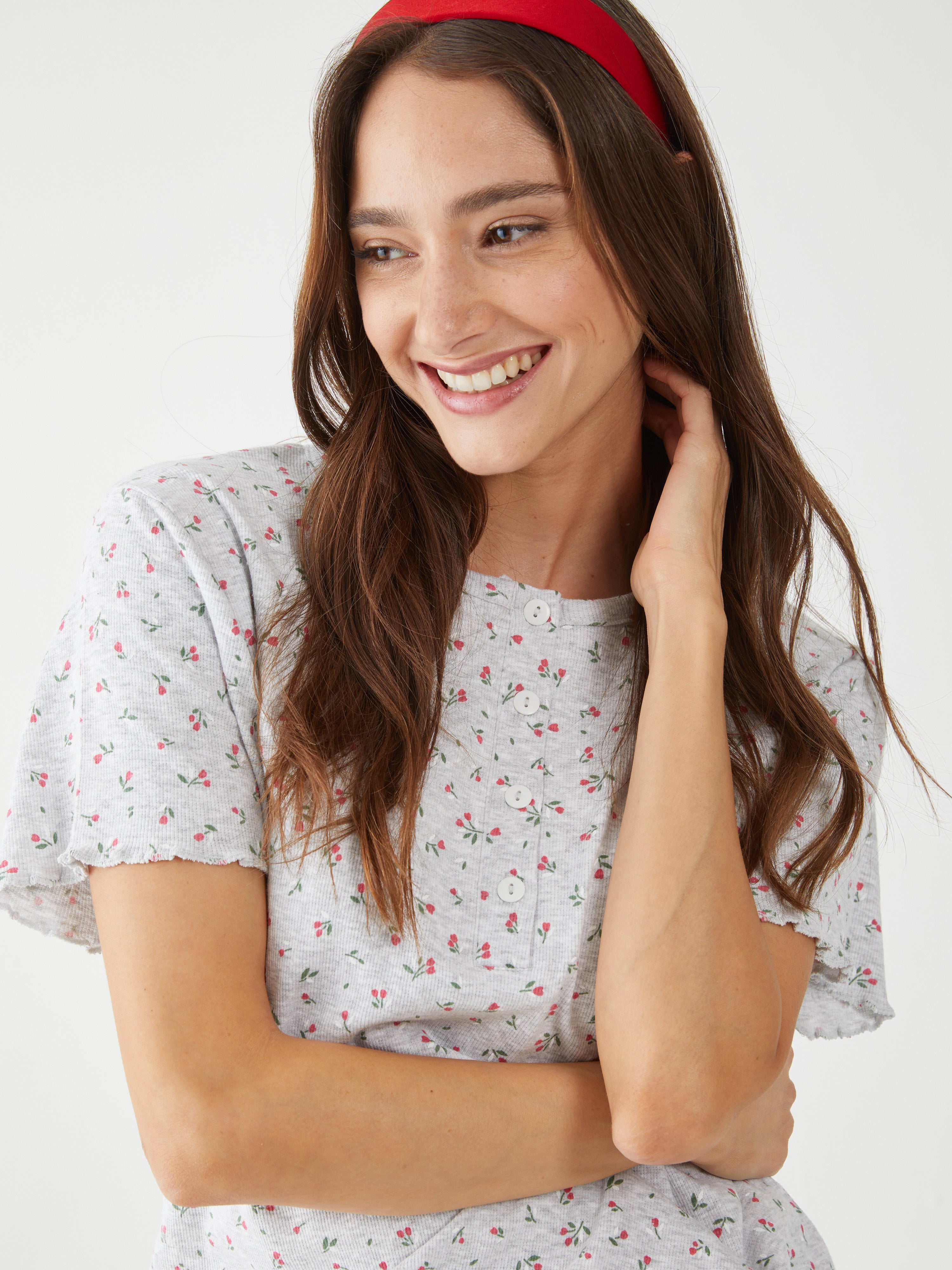 פיגמה כותנה ריב מ.קצר- פרחוני - אפור