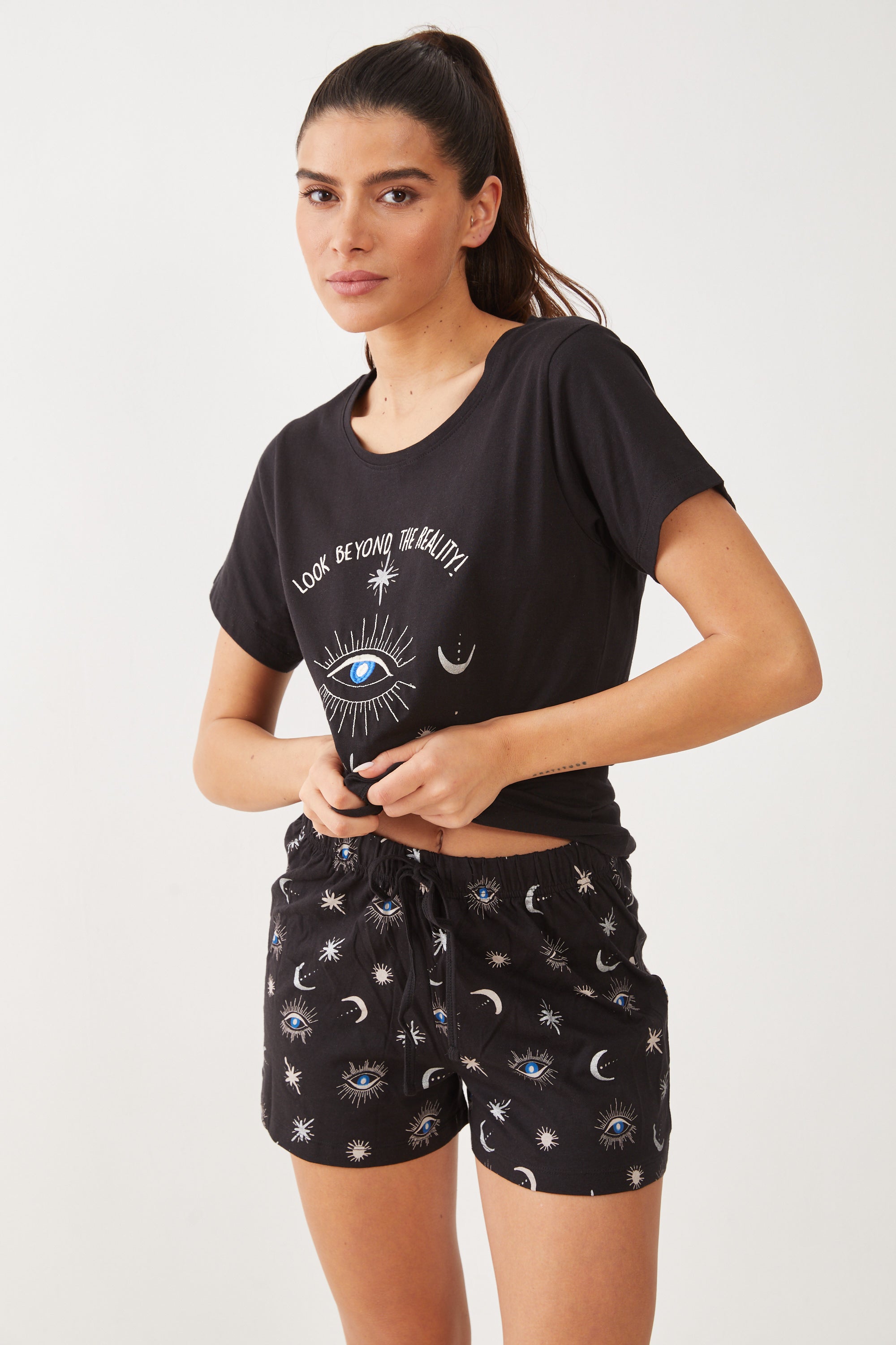 פיג'מה מכנס קצר כותנה עין - שחור