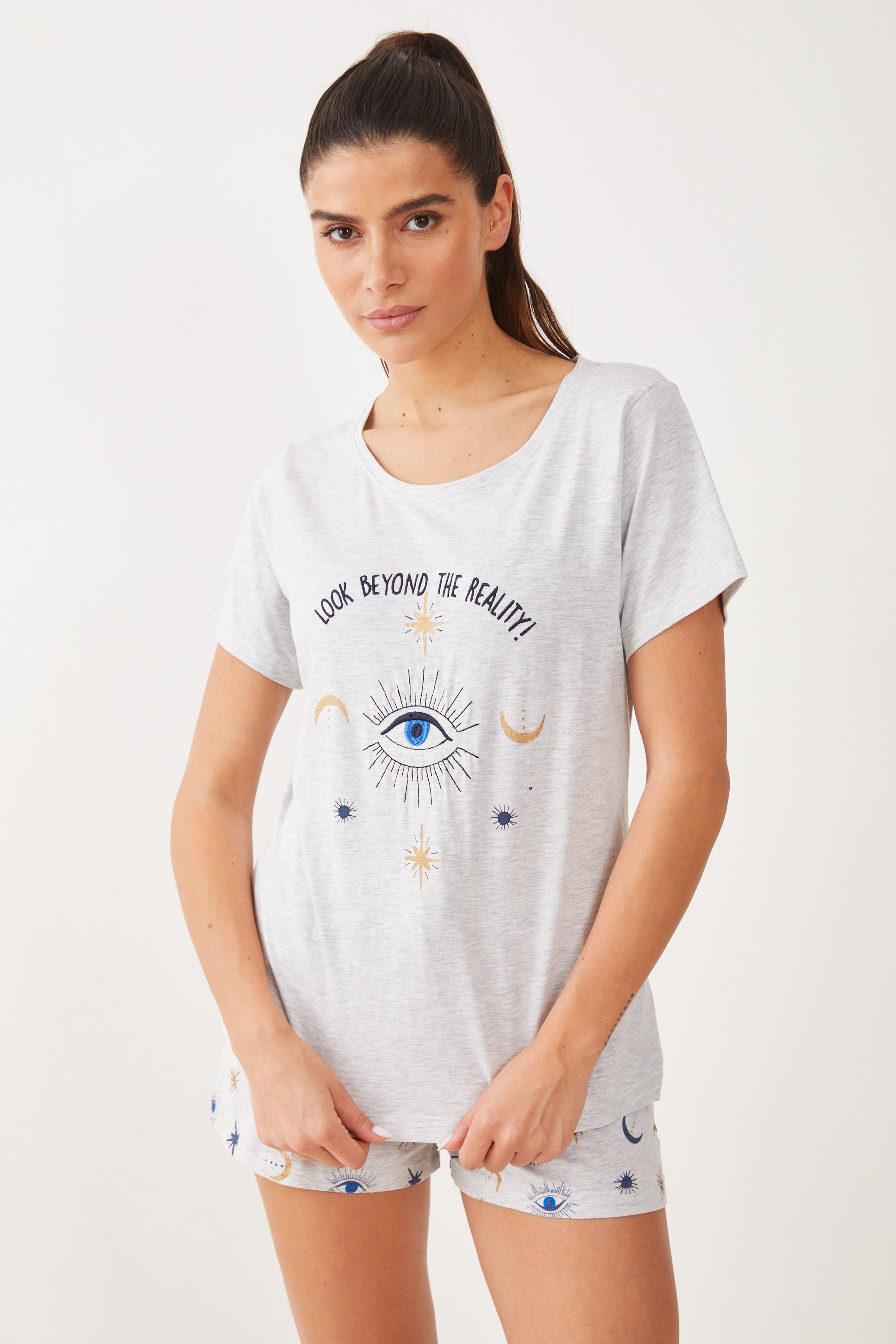 פיג'מה מכנס קצר כותנה עין - אפור מלאנז