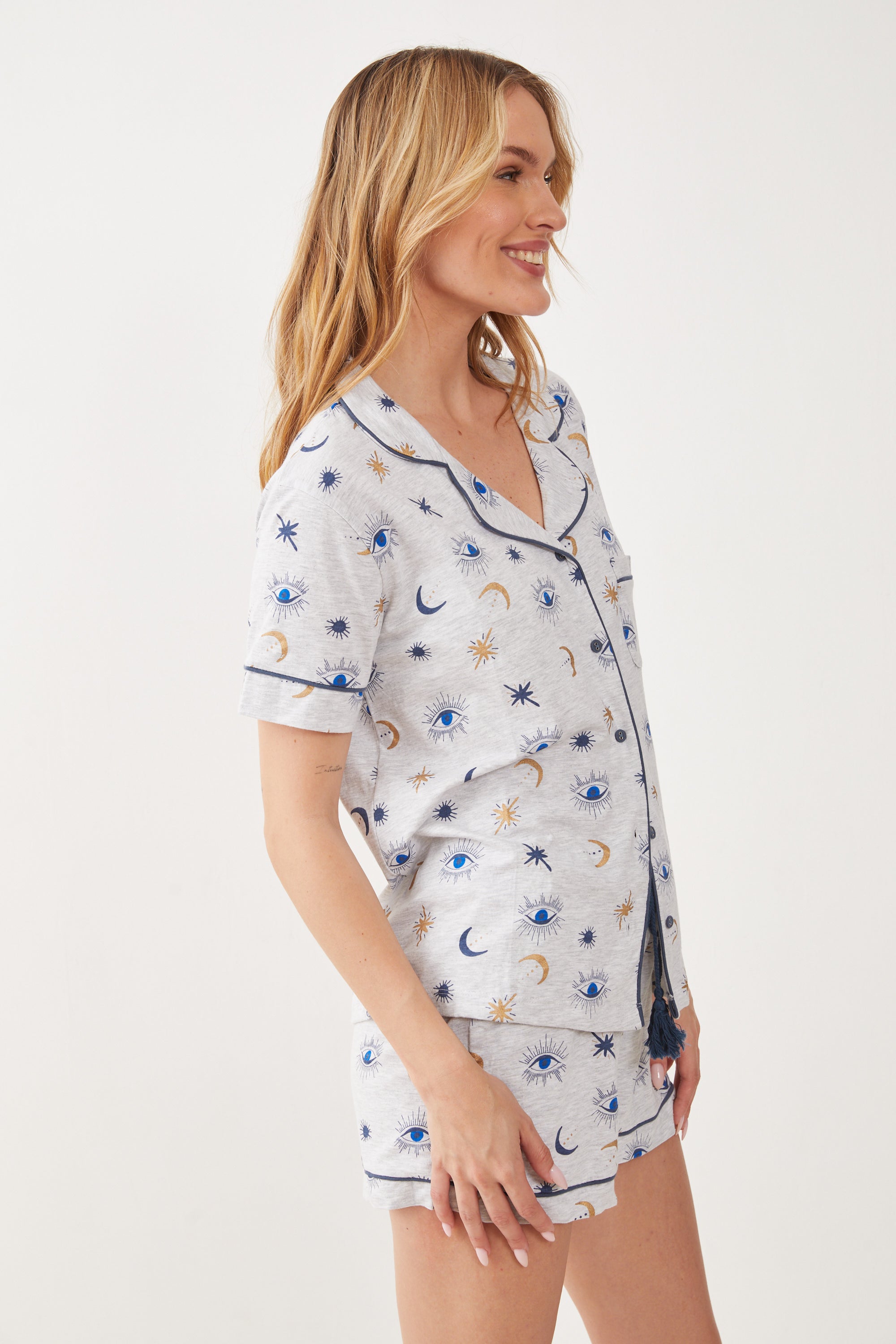 מכופתרת מ.קצר כותנה עין- אפור מלאנז