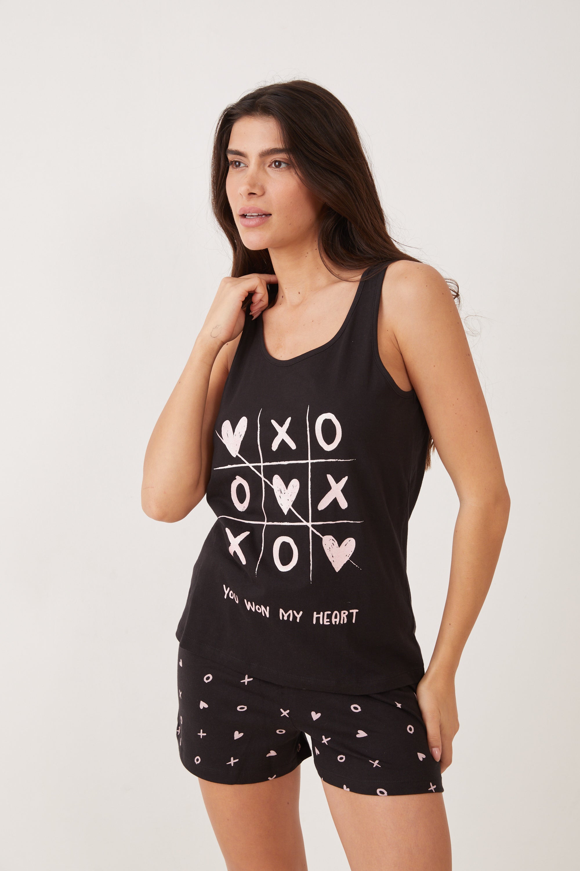 פיג'מה גופייה כותנה נשיקות - שחור