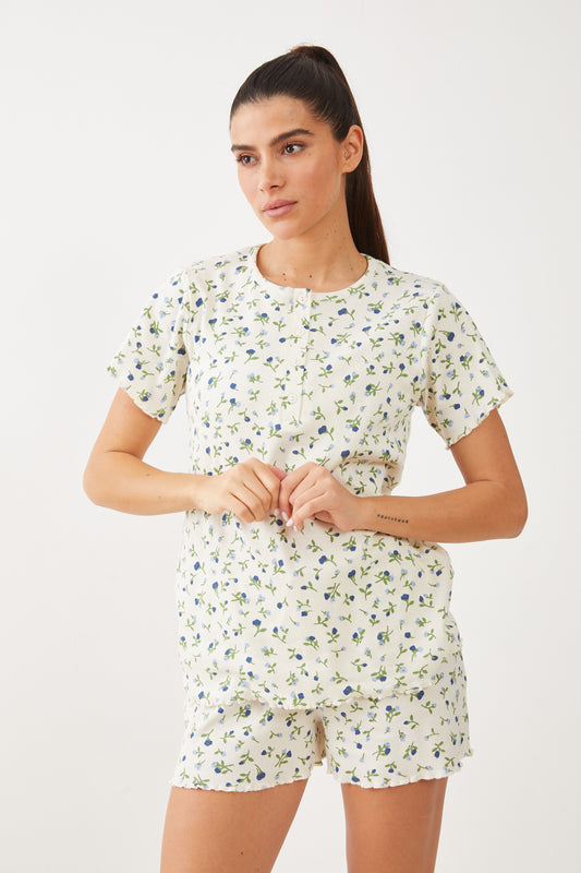 פיג'מה קצרה ריב עלים - שמנת