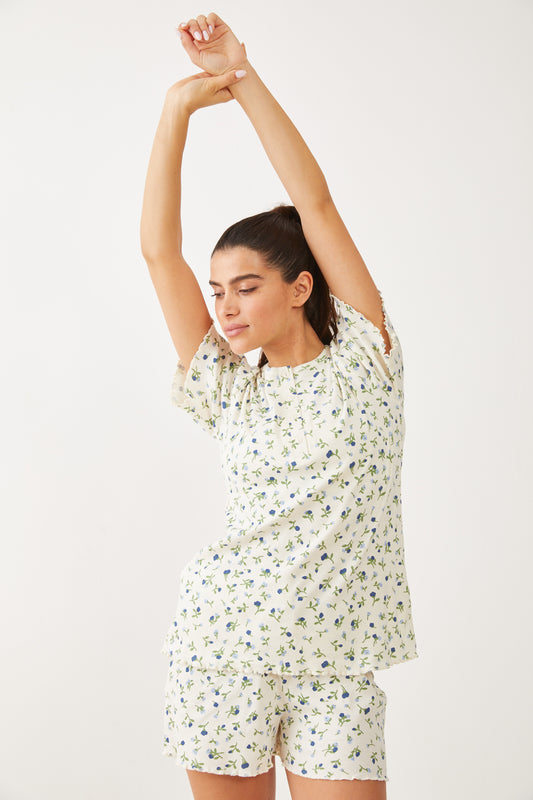 פיג'מה קצרה ריב עלים - שמנת