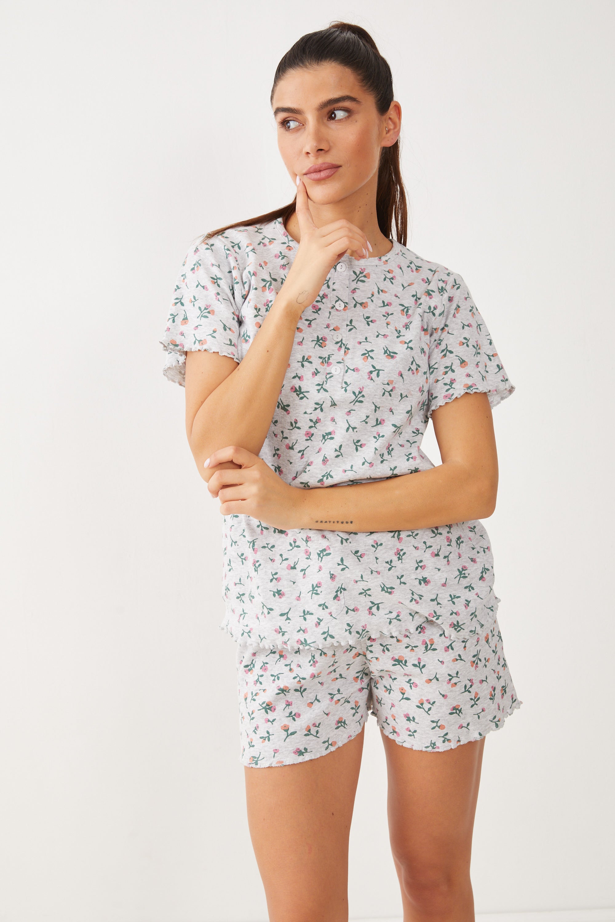 פיג'מה קצרה ריב עלים - - אפור