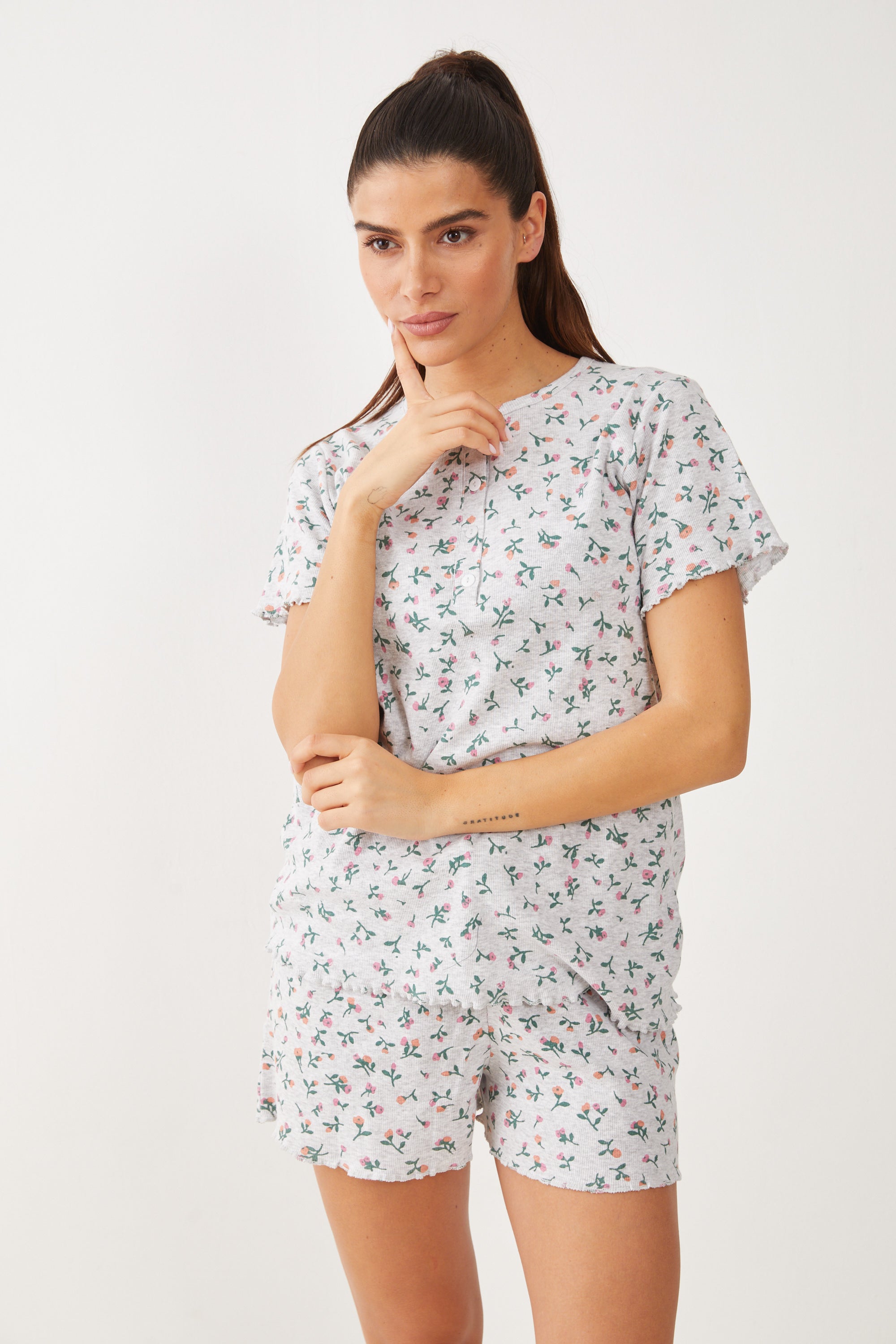 פיג'מה קצרה ריב עלים - - אפור