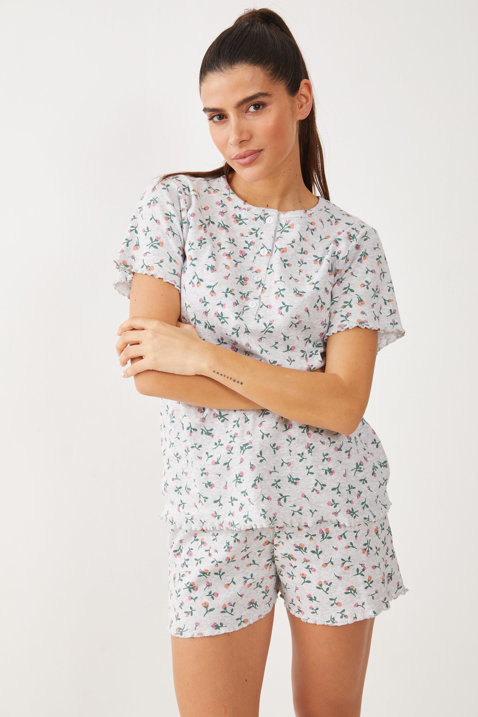 פיג'מה קצרה ריב עלים - - אפור