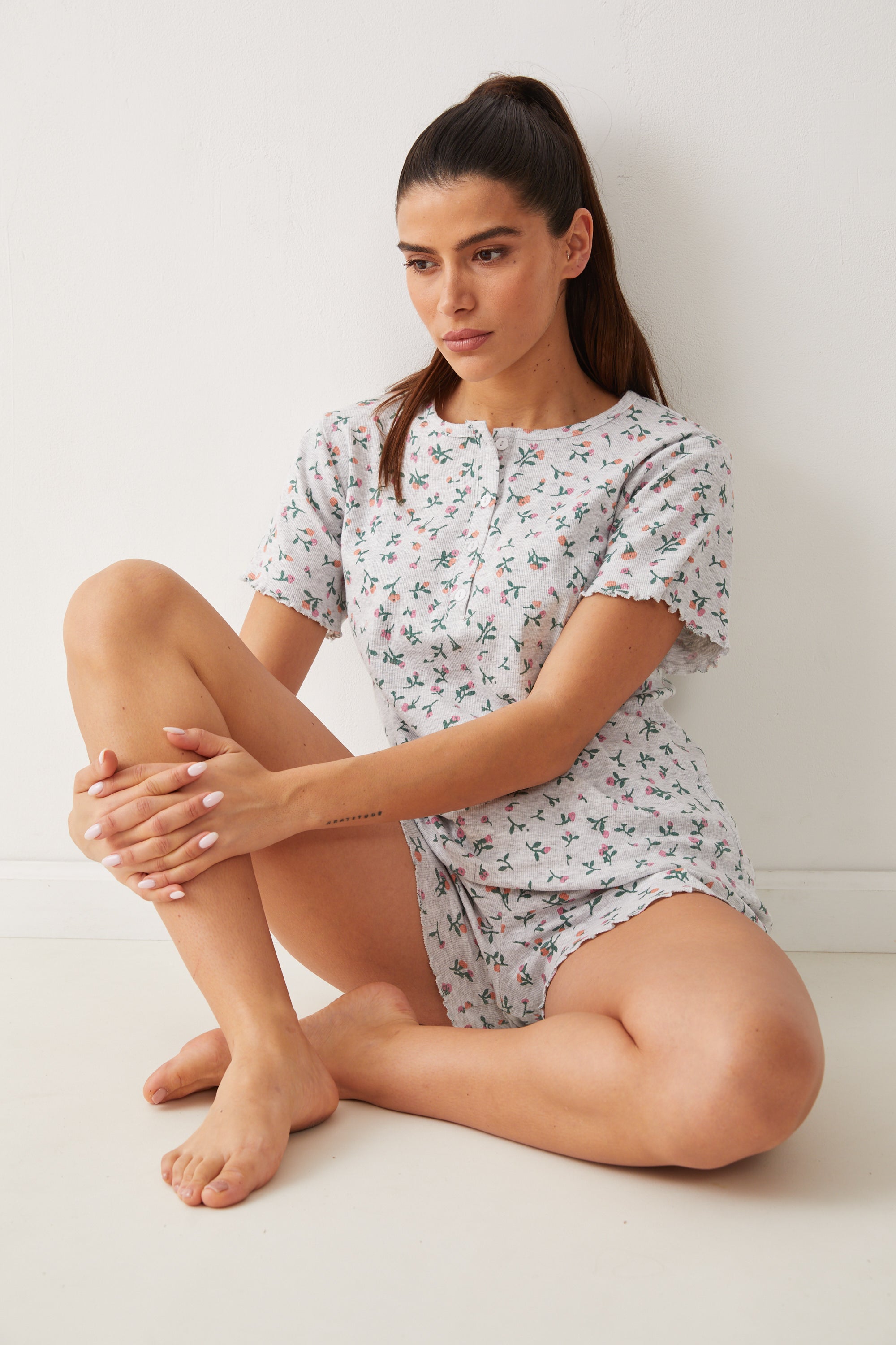 פיג'מה קצרה ריב עלים - - אפור