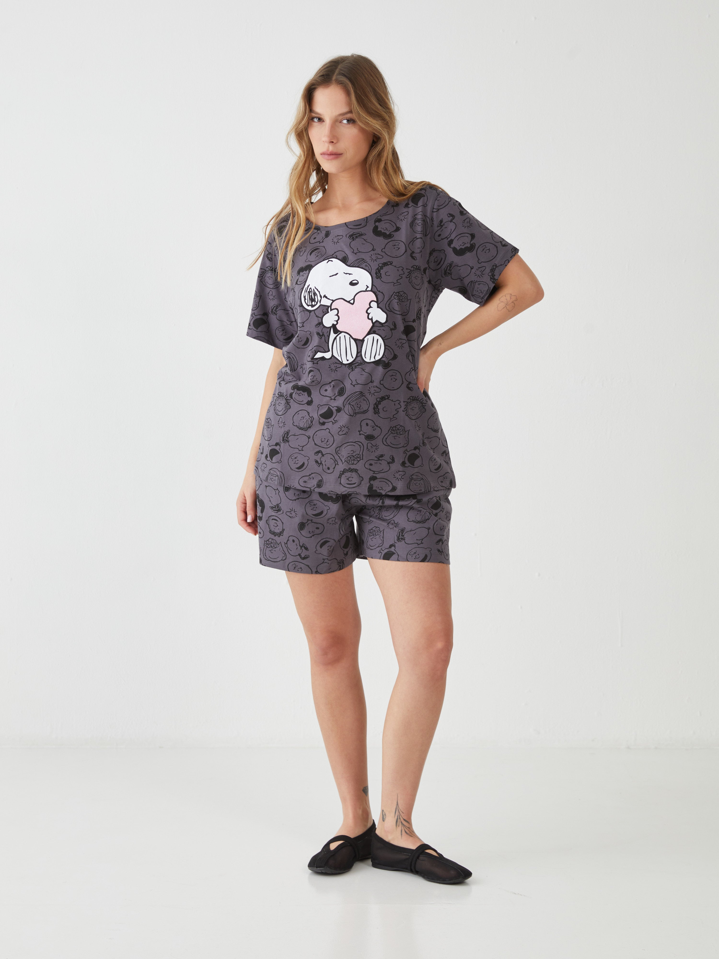 פיגמה כותנה מ.קצר- סנופי לב וחברים - אפור כהה