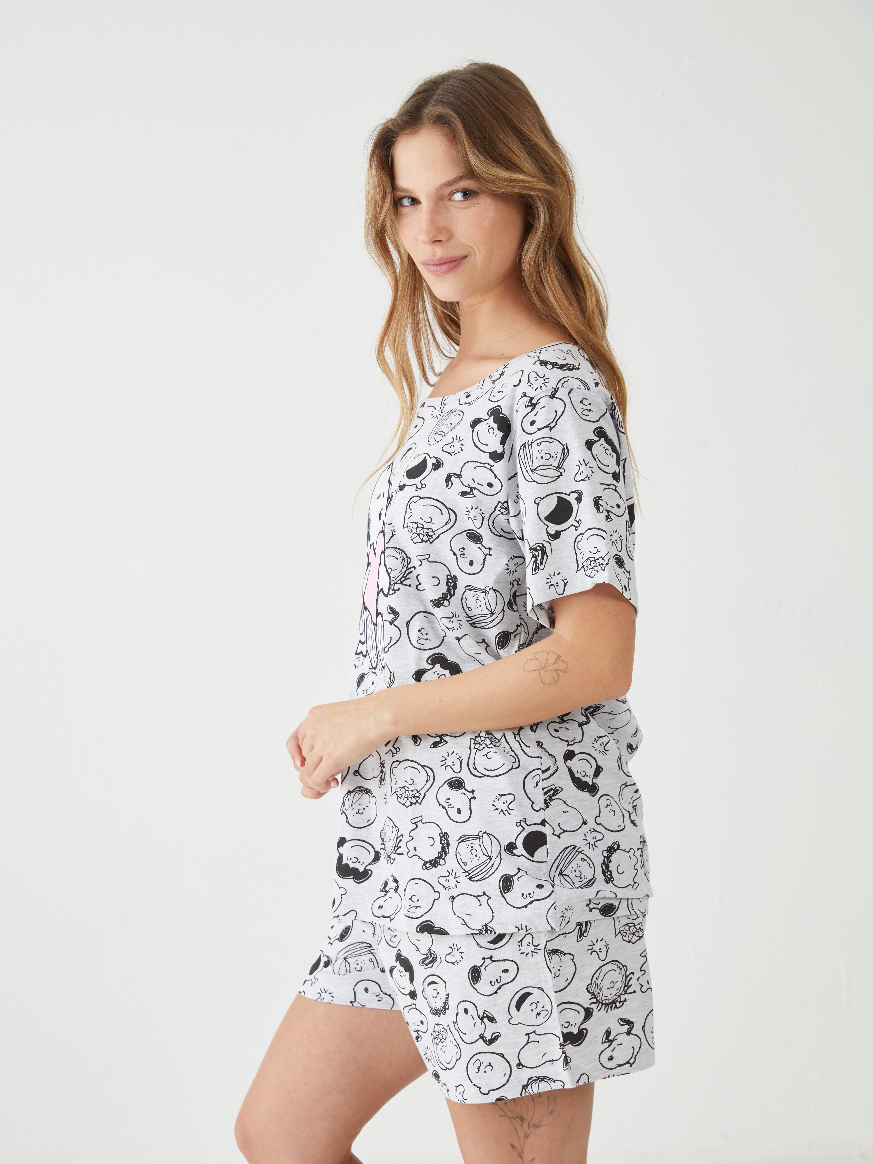 פיג'מה קצרה סנופי - אפור מלאנז
