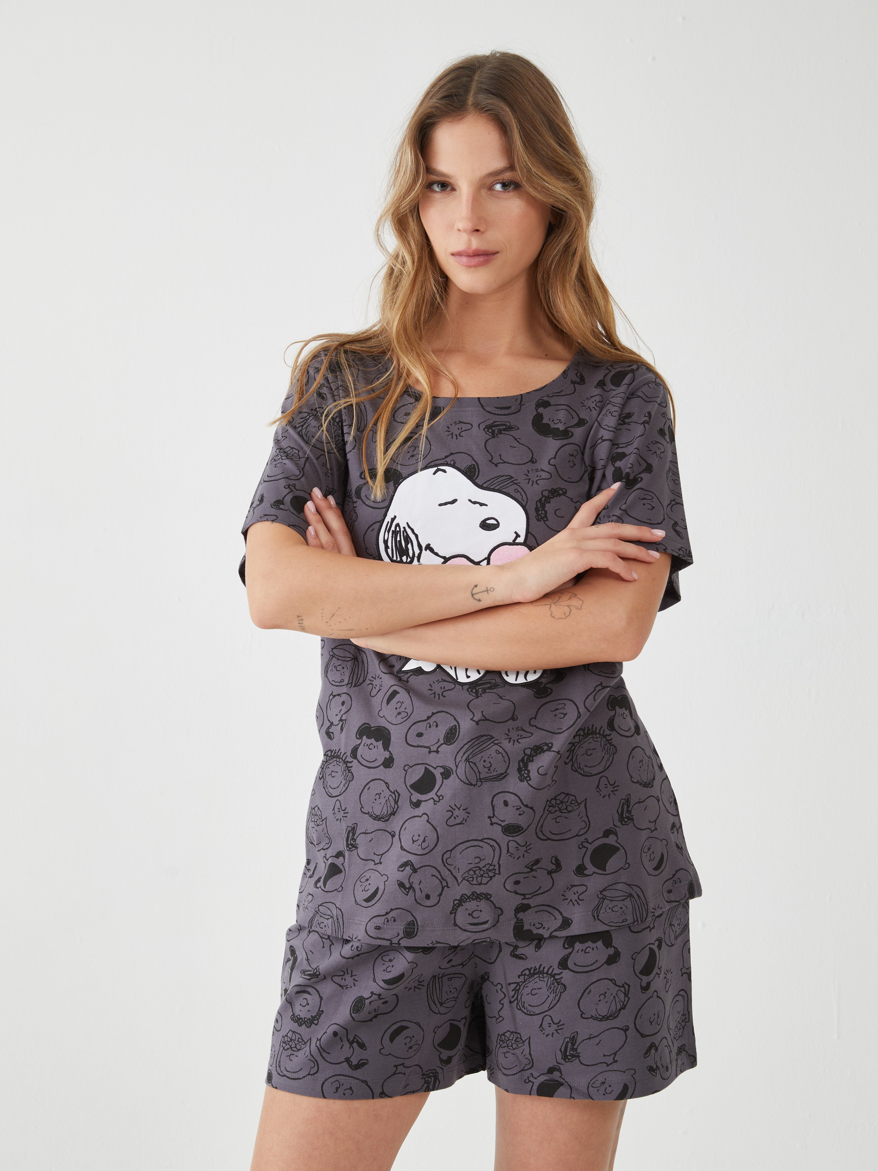 פיגמה כותנה מ.קצר- סנופי לב וחברים - אפור כהה