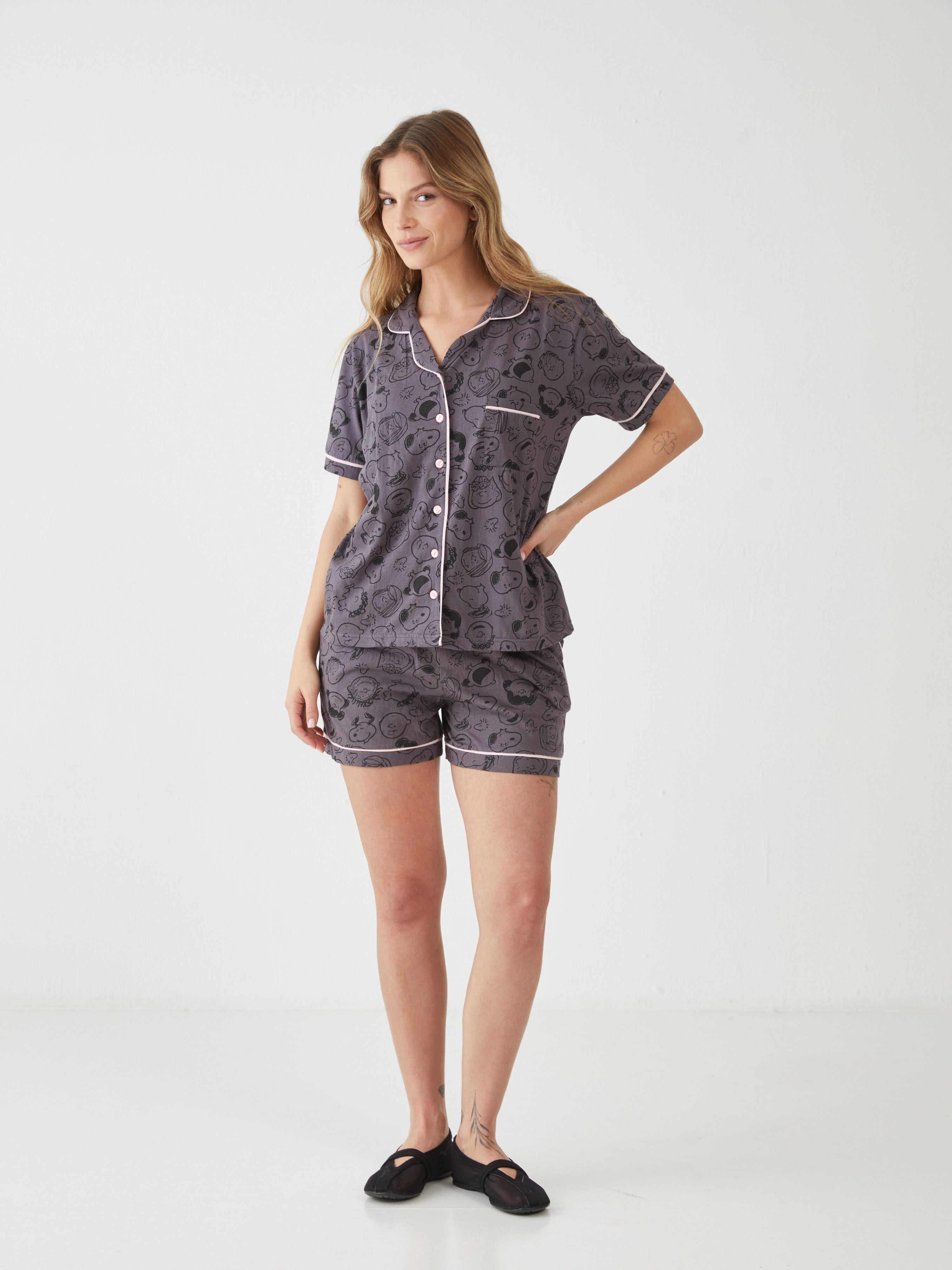 פיגמה כותנה מכופתרת- סנופי וחברים - אפור כהה