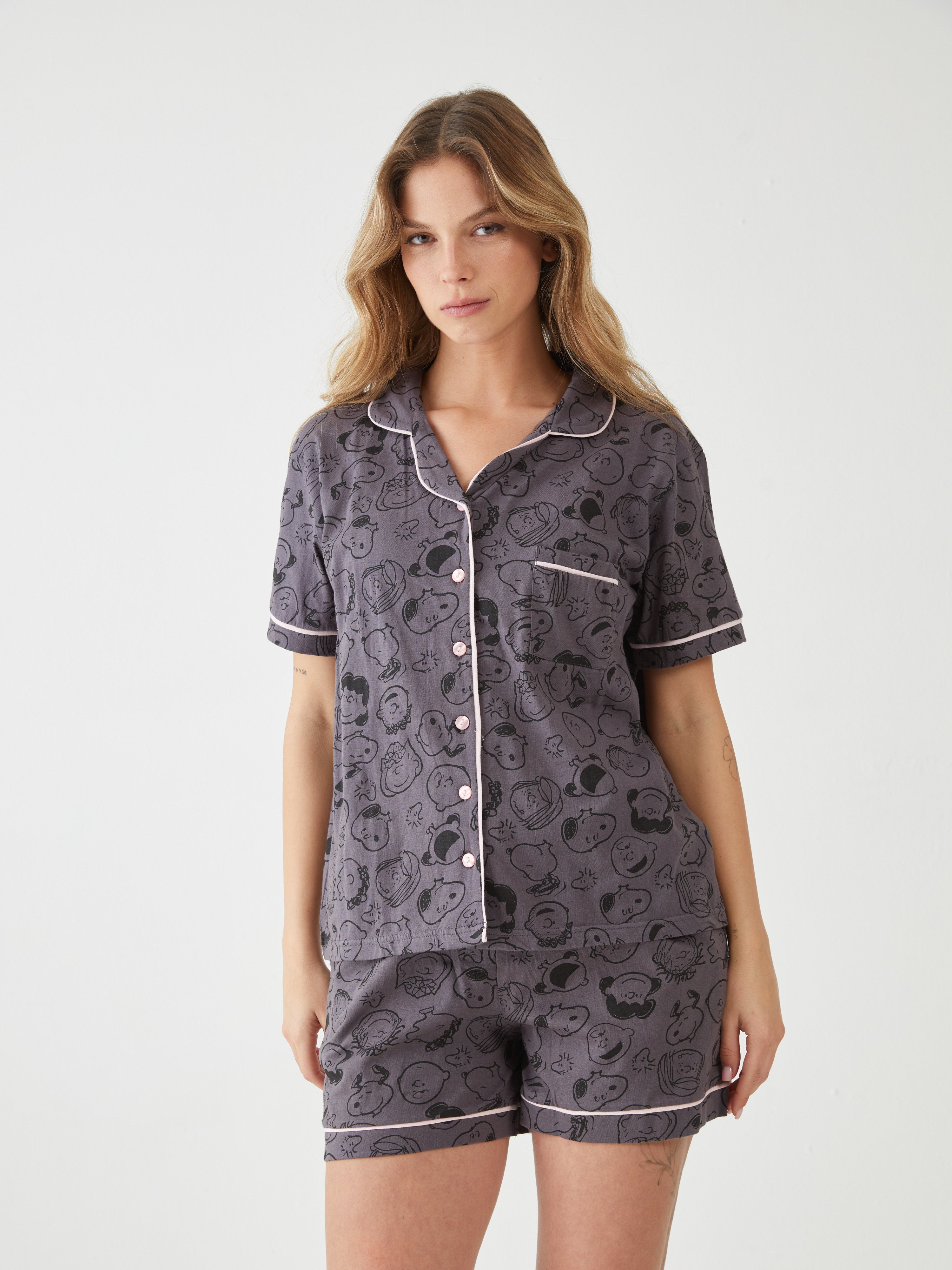 פיגמה כותנה מכופתרת- סנופי וחברים - אפור כהה