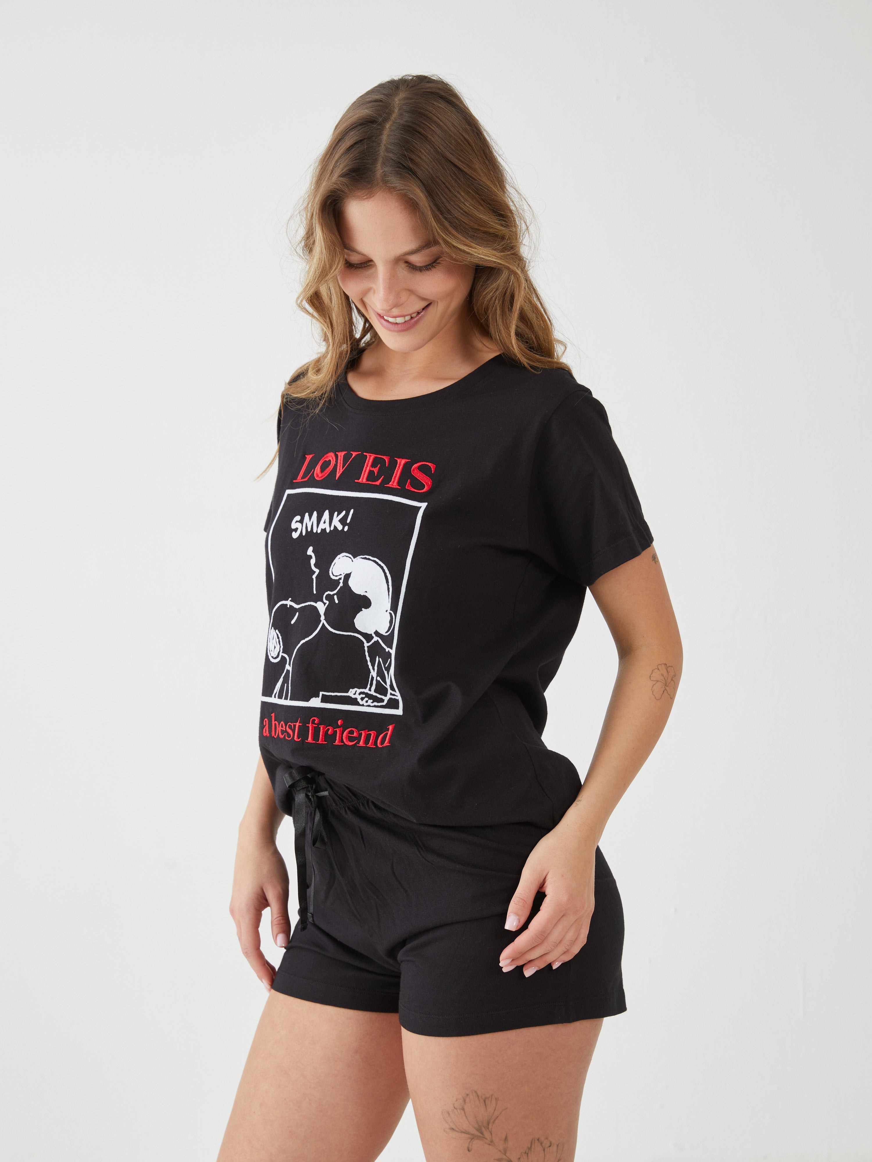 פיג'מה כותנה מכנס קצר סנופי - שחור