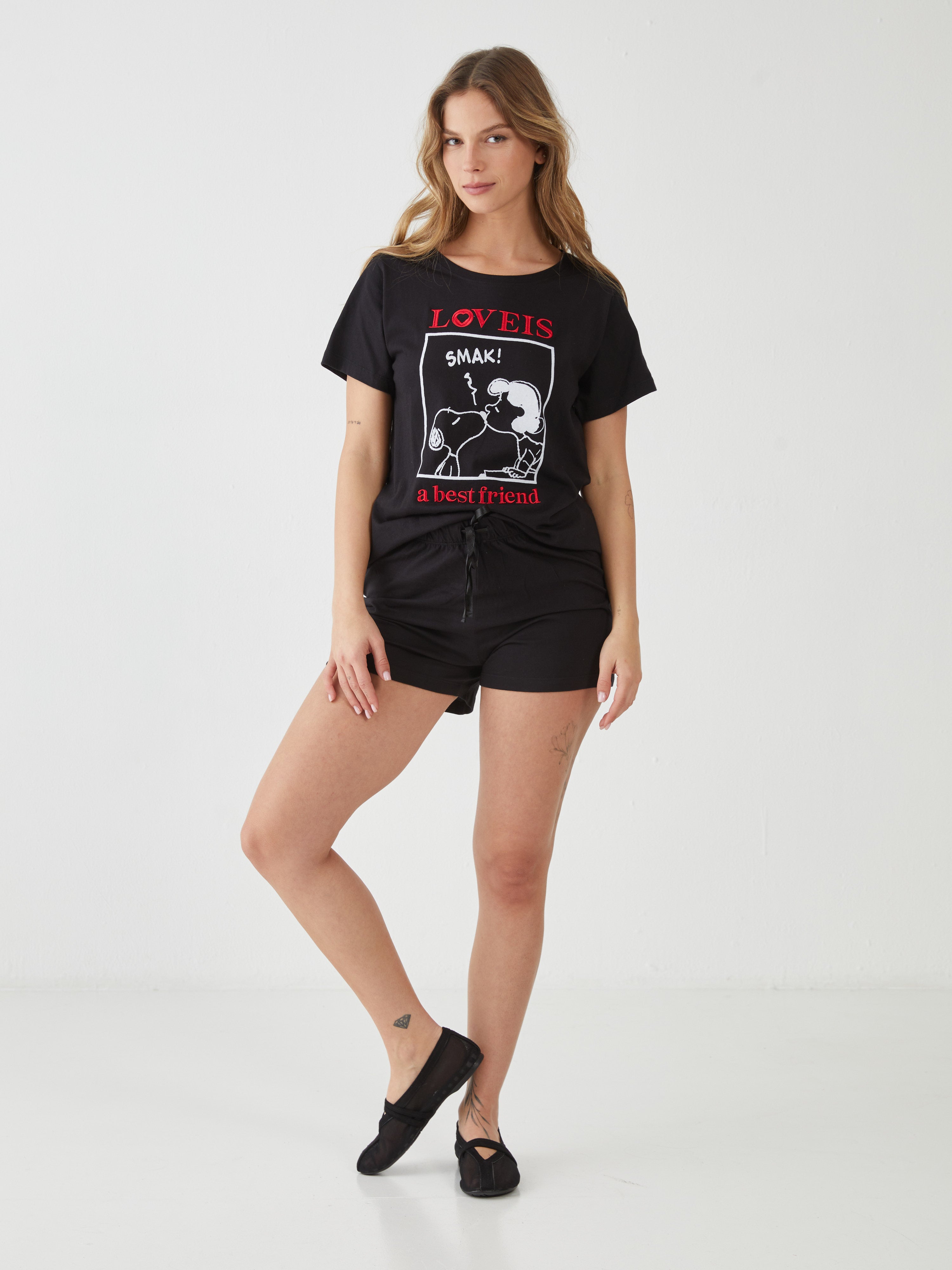פיג'מה כותנה מכנס קצר סנופי - שחור
