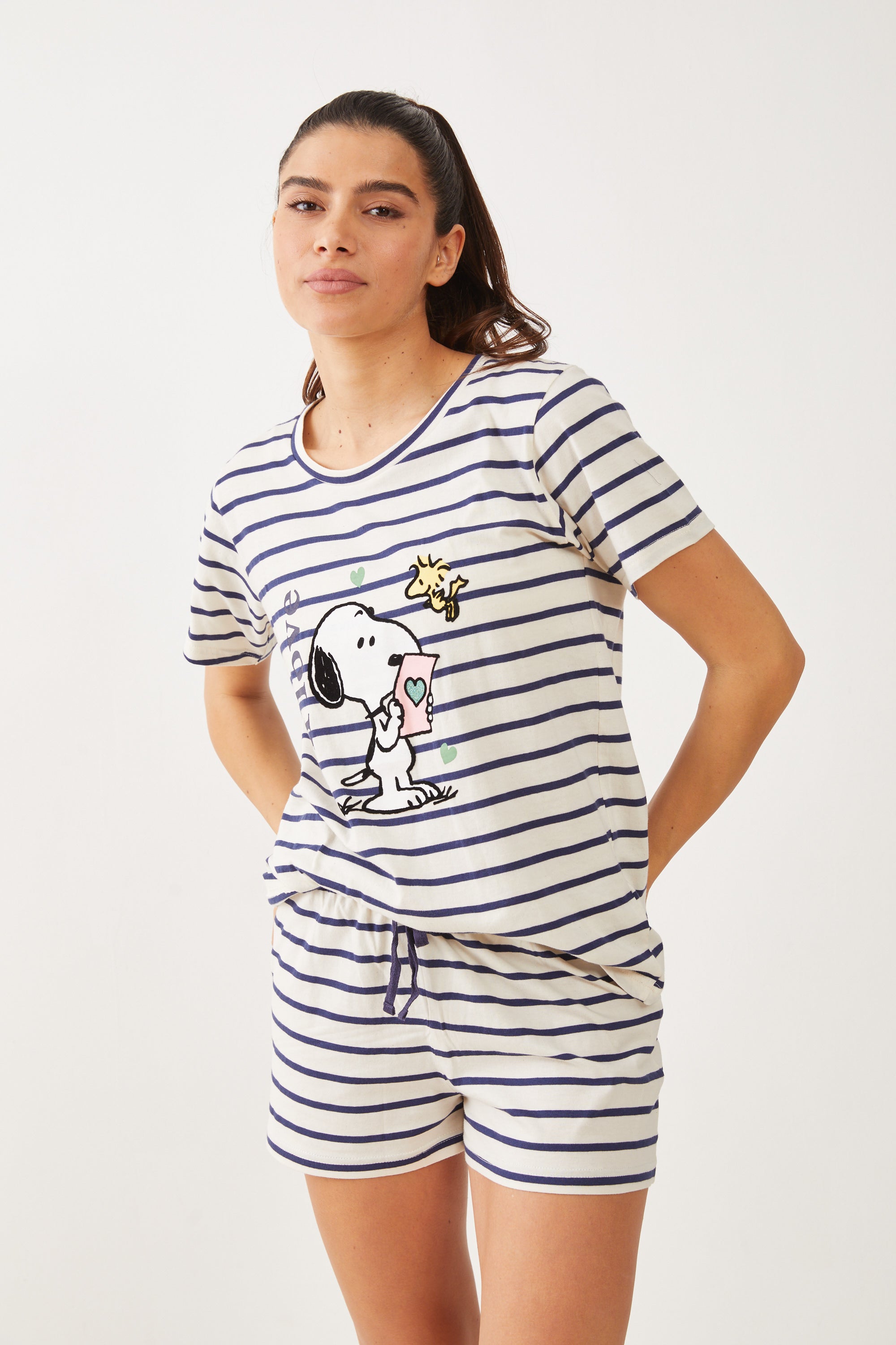פיג'מה קצרה כותנה סנופי פסים - כחול נייבי