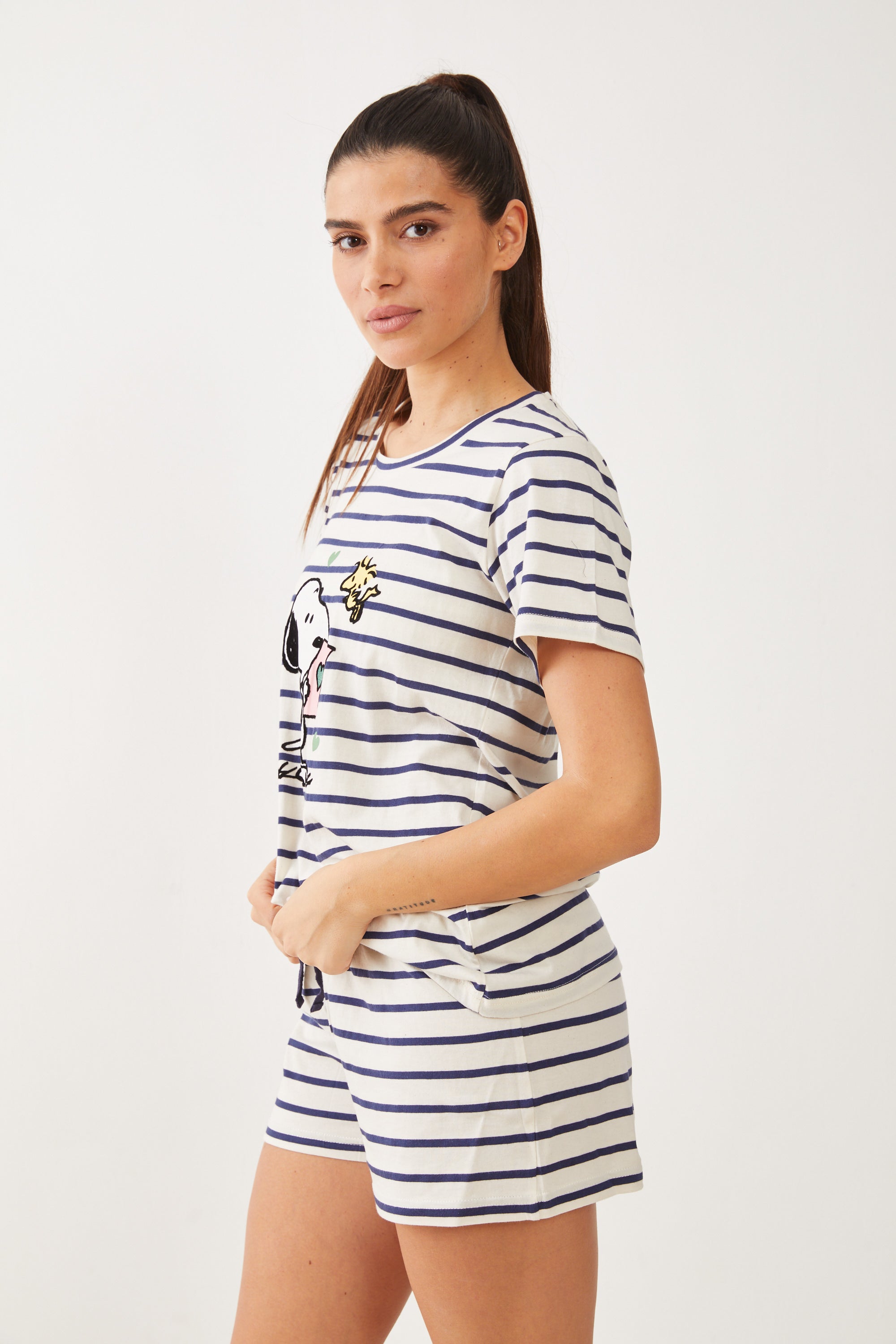 פיג'מה קצרה כותנה סנופי פסים - כחול נייבי