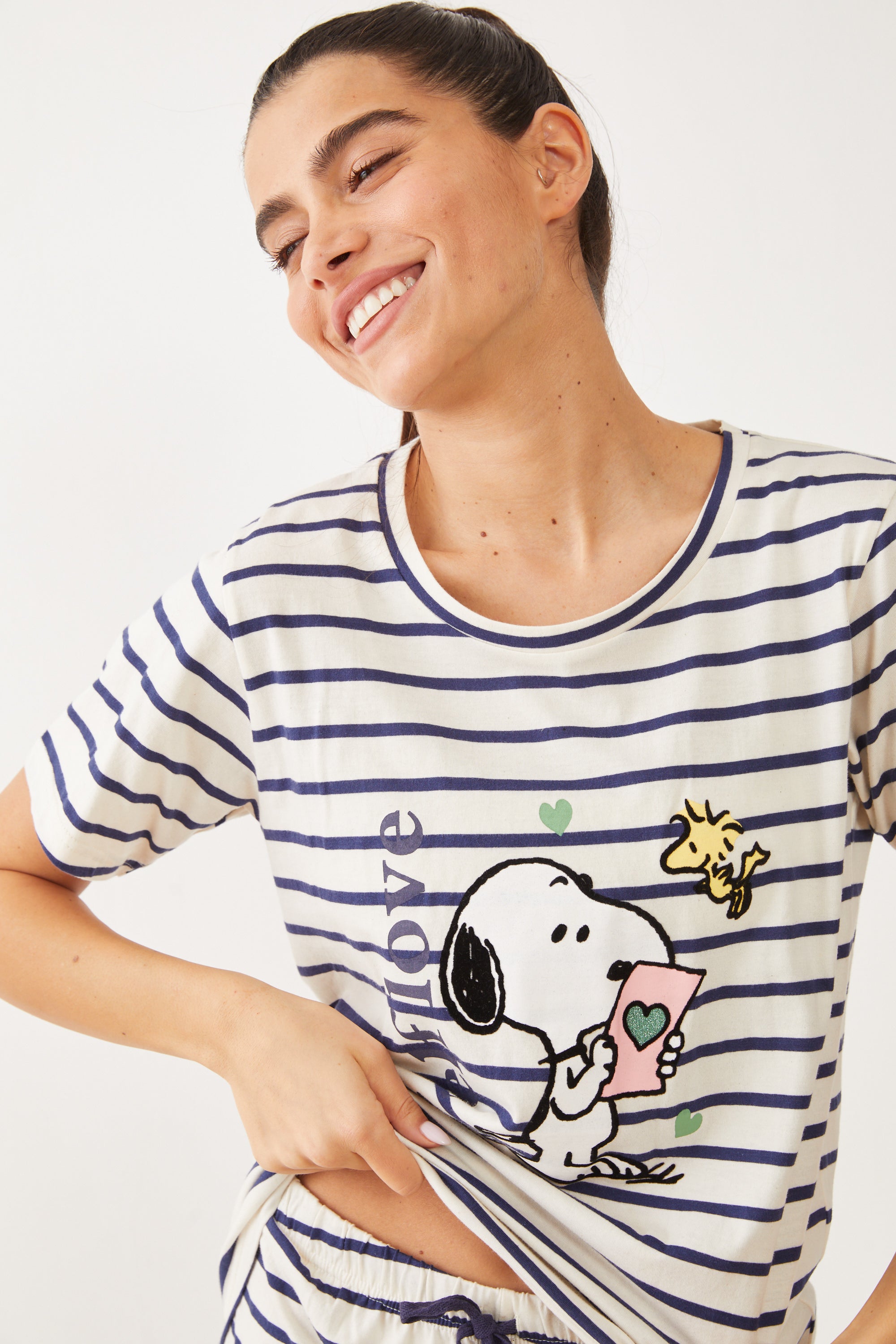 פיג'מה קצרה כותנה סנופי פסים - כחול נייבי