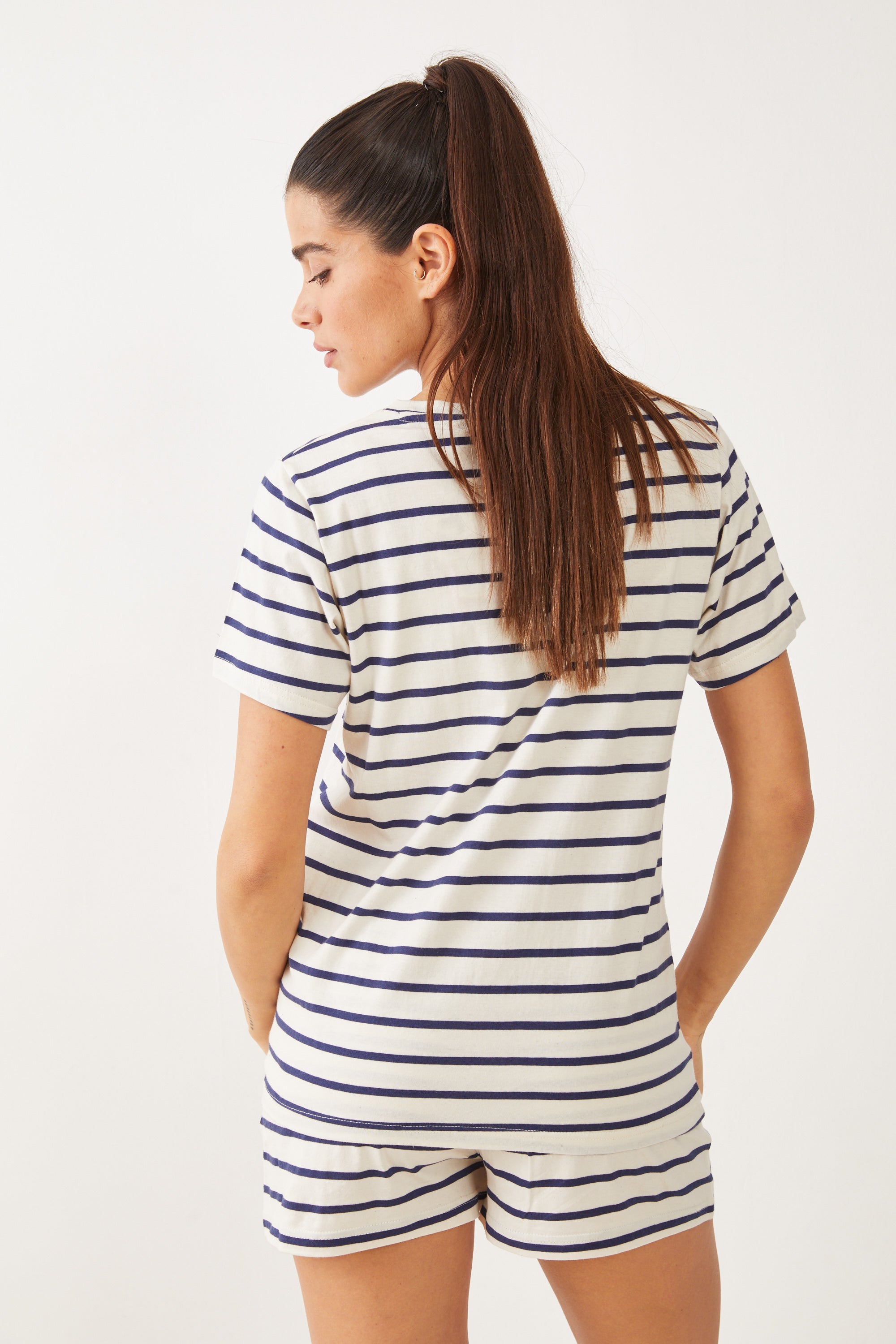 פיג'מה קצרה כותנה סנופי פסים - כחול נייבי