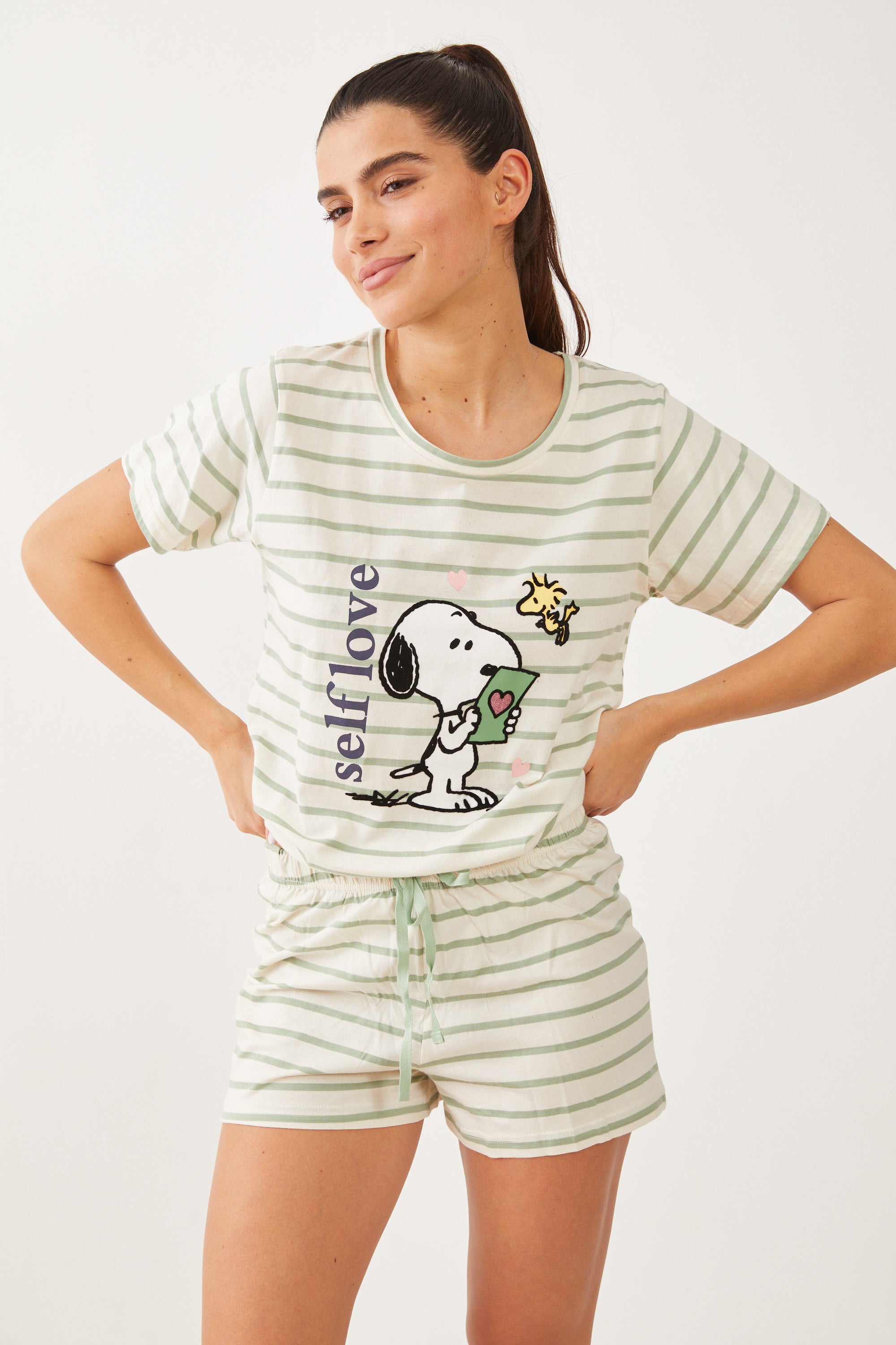 פיג'מה קצרה כותנה סנופי פסים - ירוק
