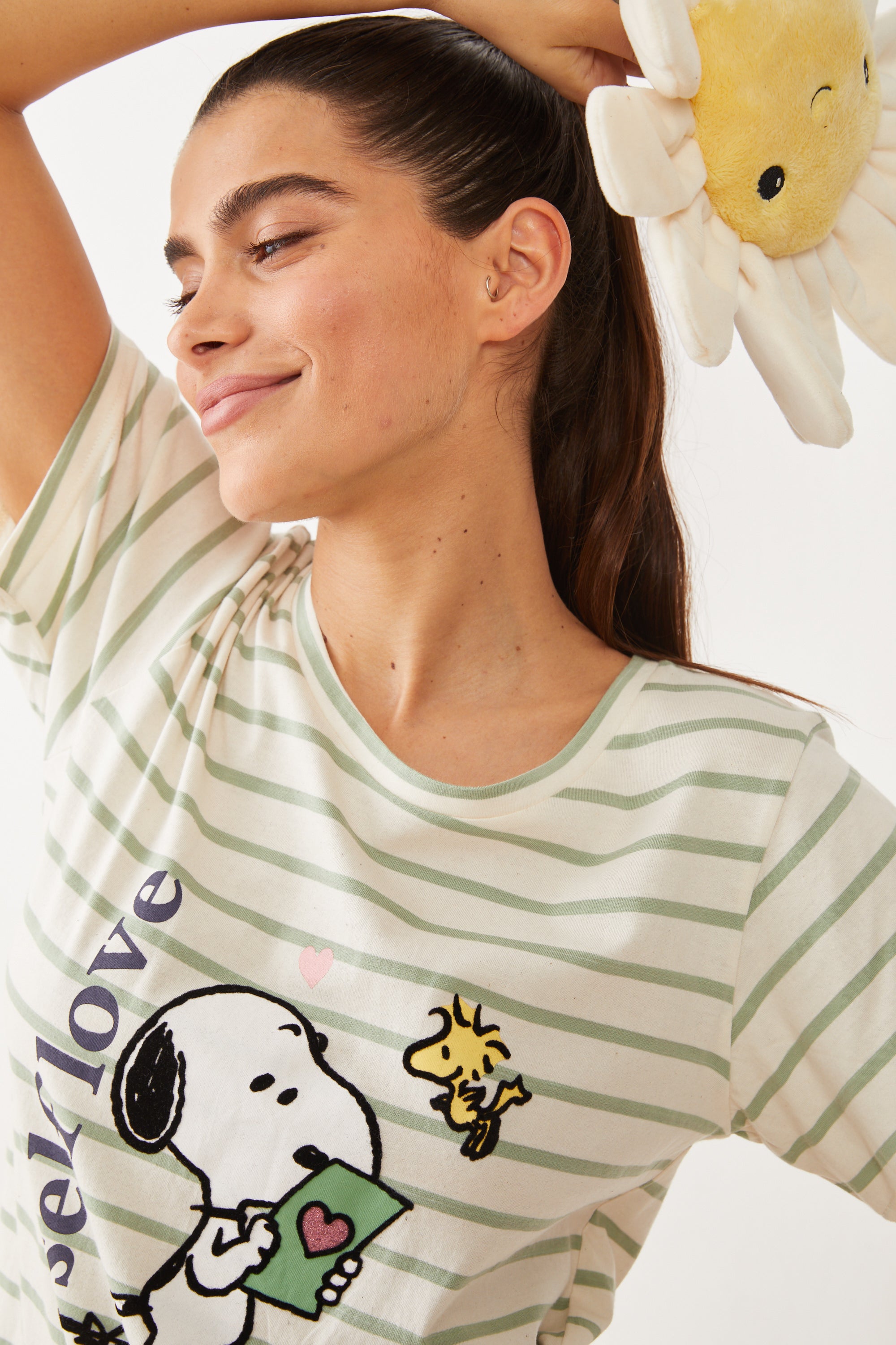 פיג'מה קצרה כותנה סנופי פסים - ירוק