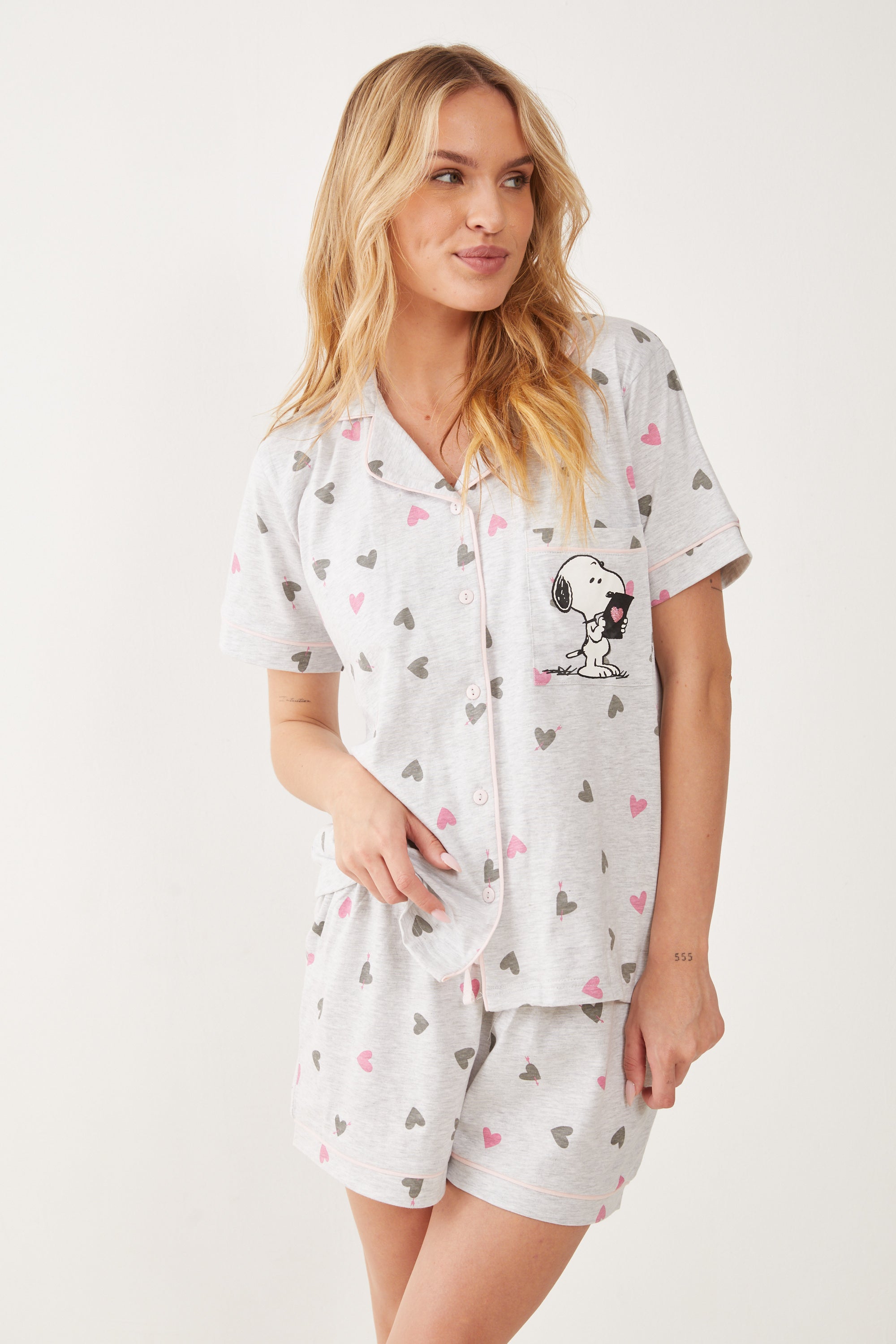 מכופתרת קצרה כותנה סנופי לבבות - אפור