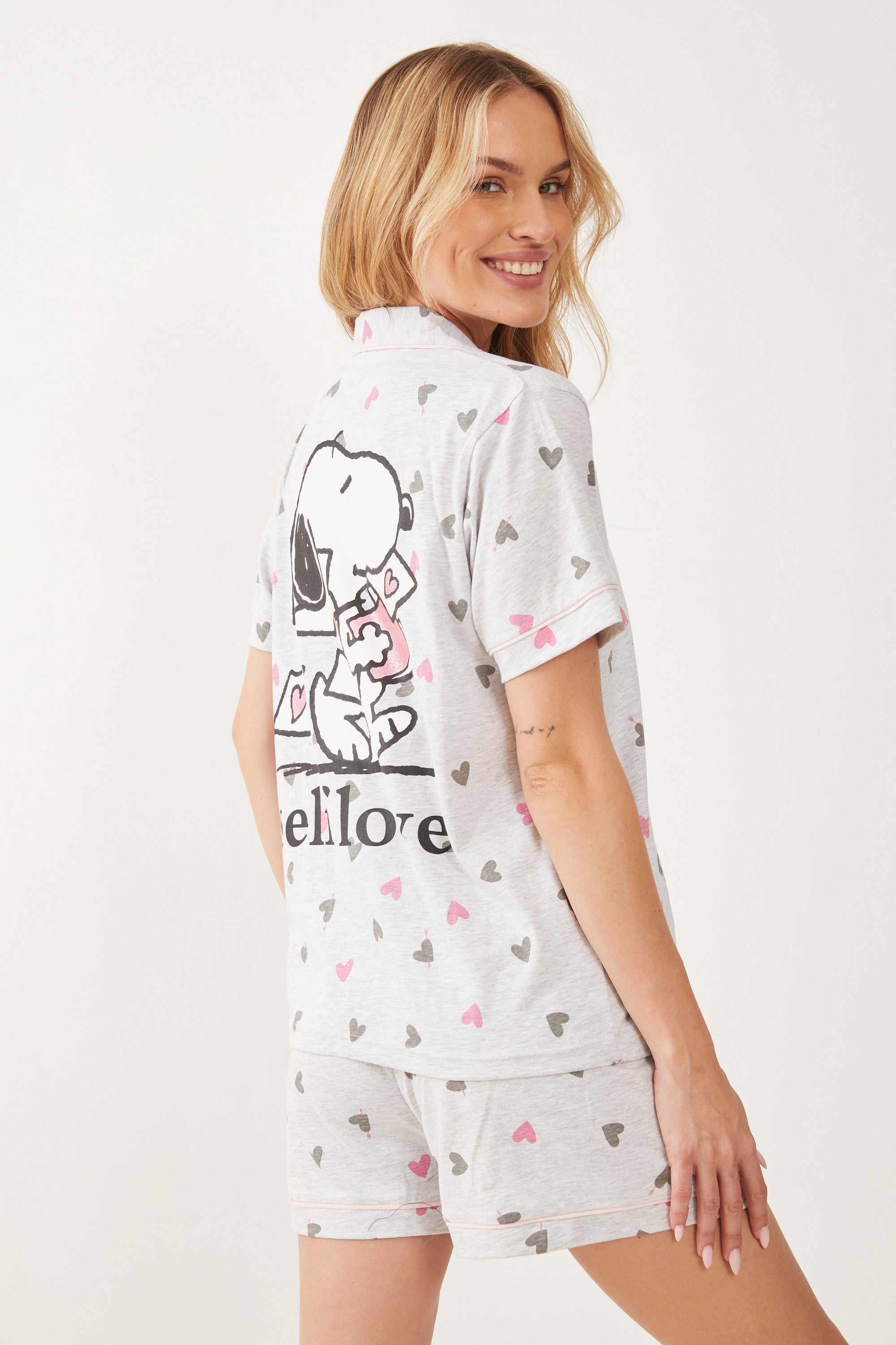 מכופתרת קצרה כותנה סנופי לבבות - אפור