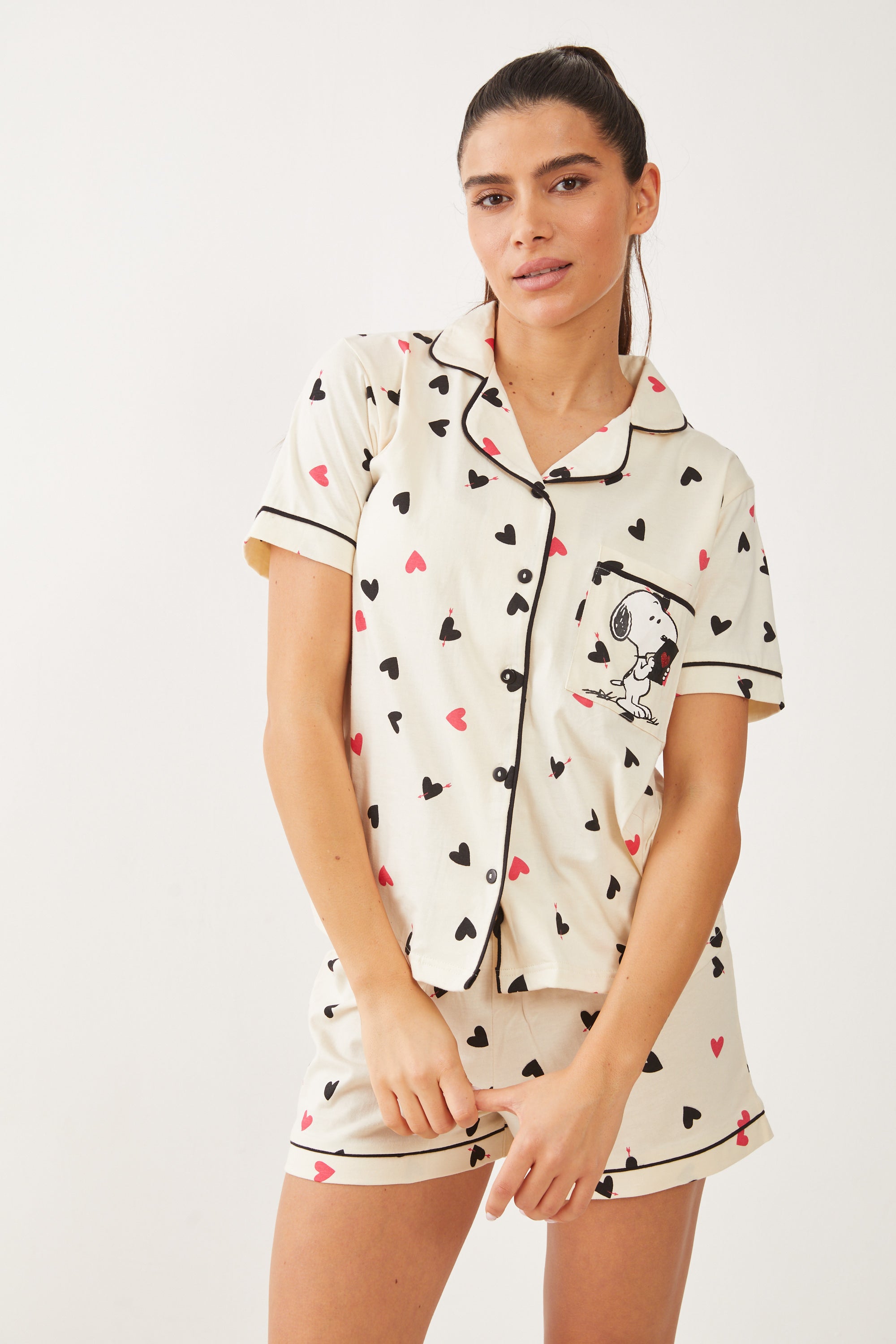 מכופתרת קצרה כותנה סנופי לבבות - שמנת