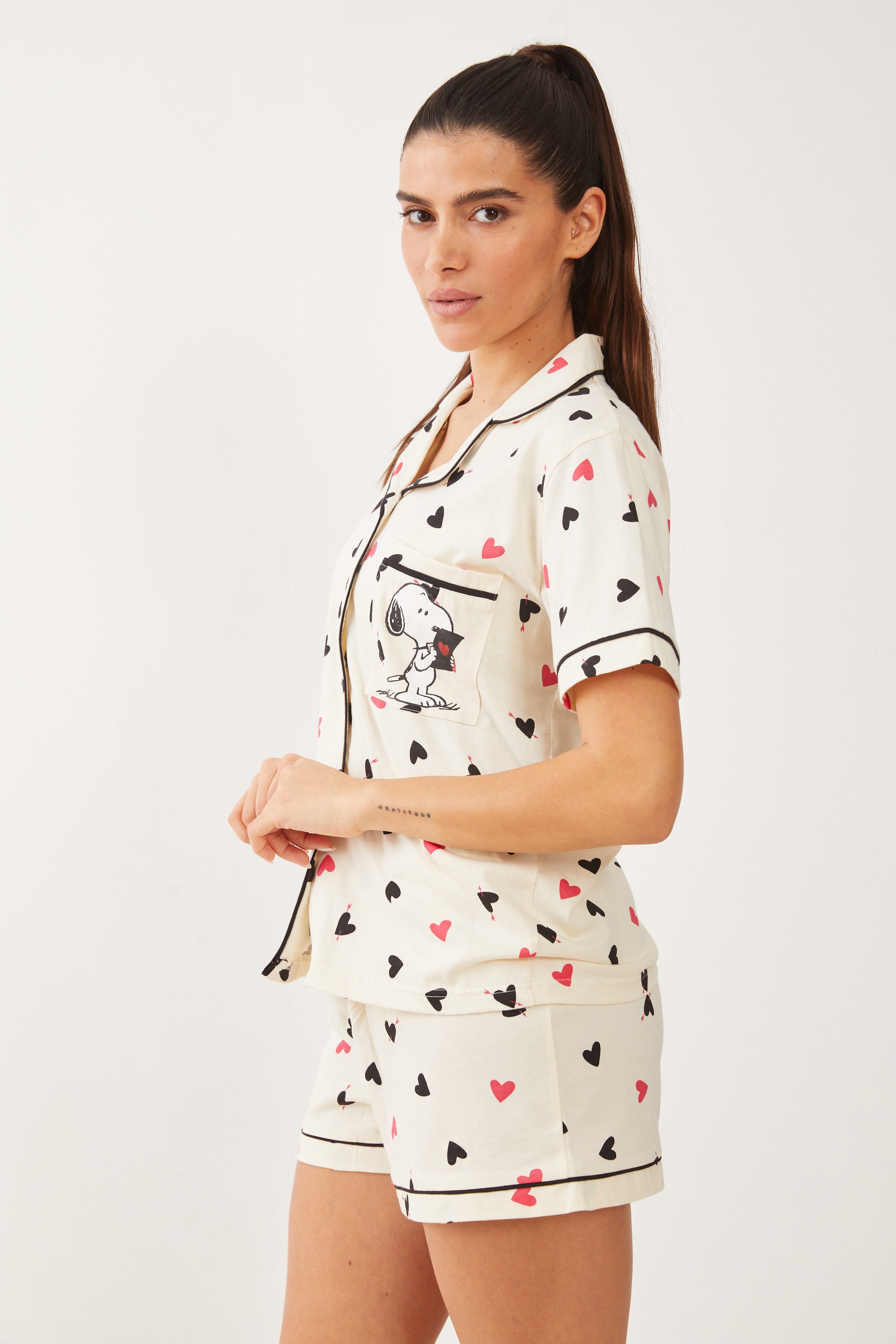 מכופתרת קצרה כותנה סנופי לבבות - שמנת