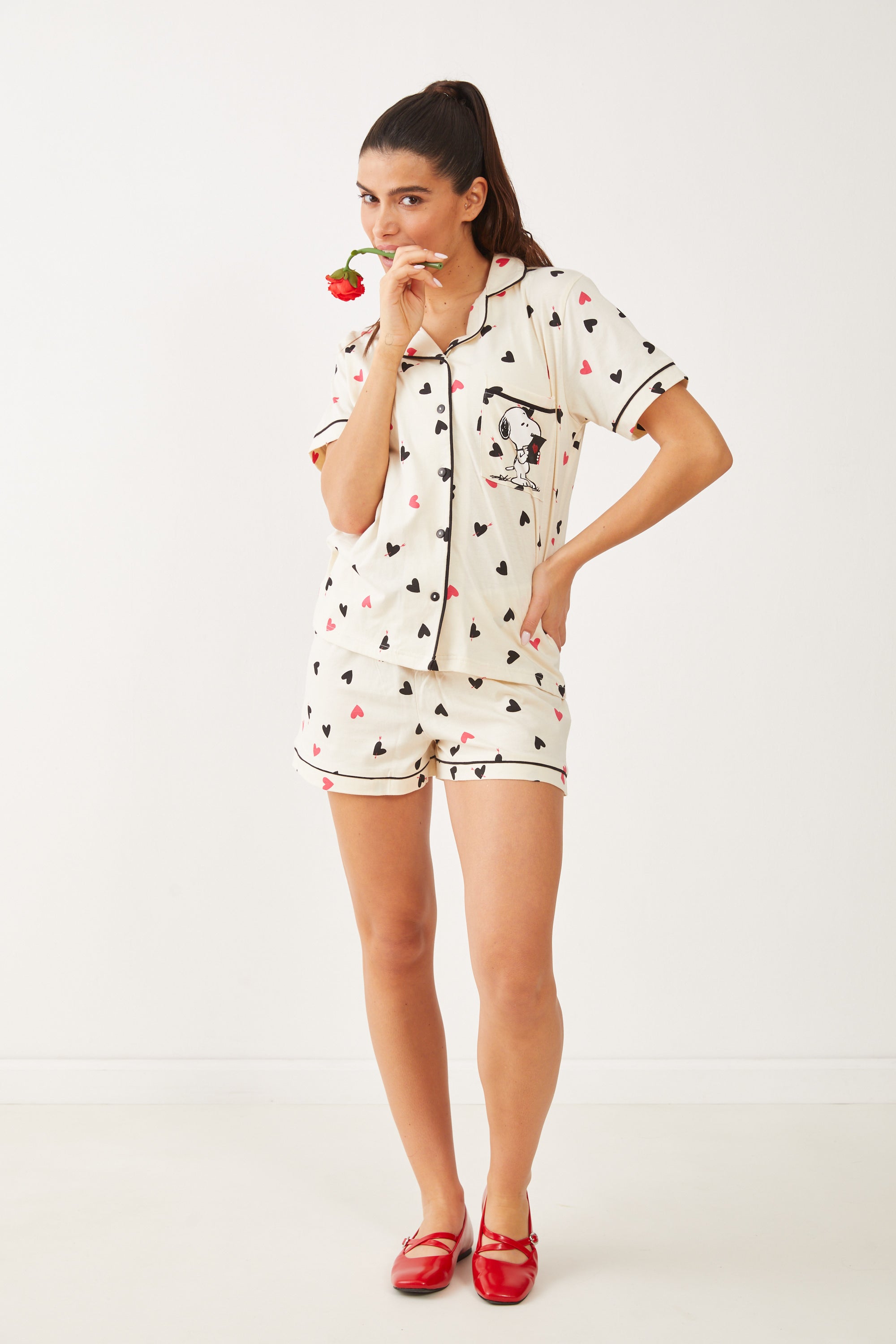 מכופתרת קצרה כותנה סנופי לבבות - שמנת