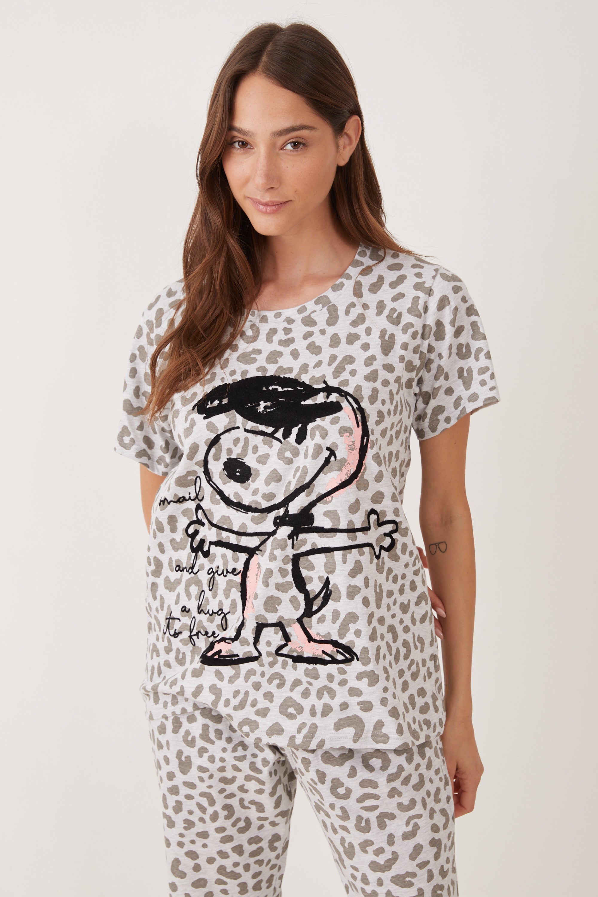 פיג'מה מ.ארוך כותנה סנופי מנומר - אפור מלאנז