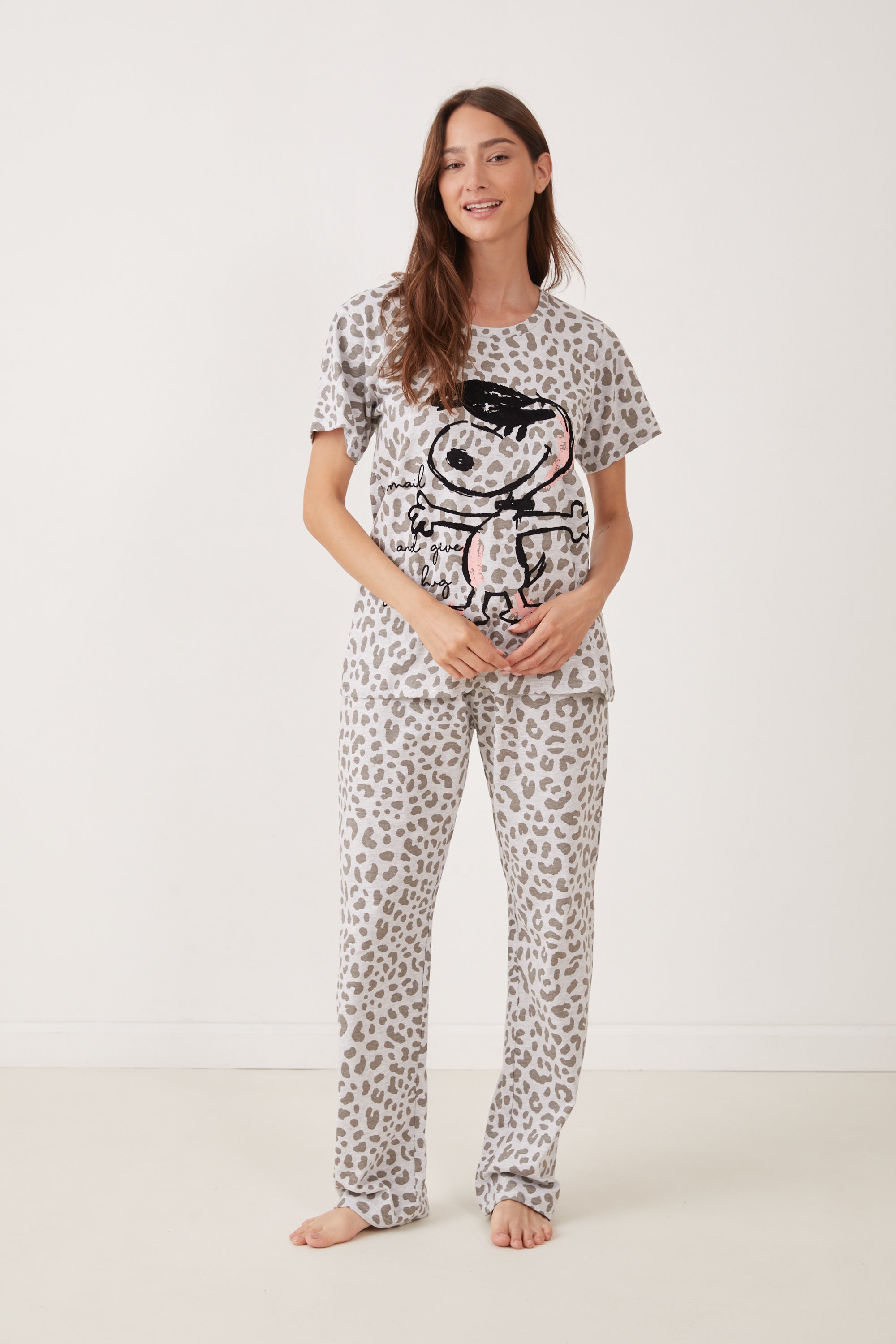 פיג'מה מ.ארוך כותנה סנופי מנומר - אפור מלאנז