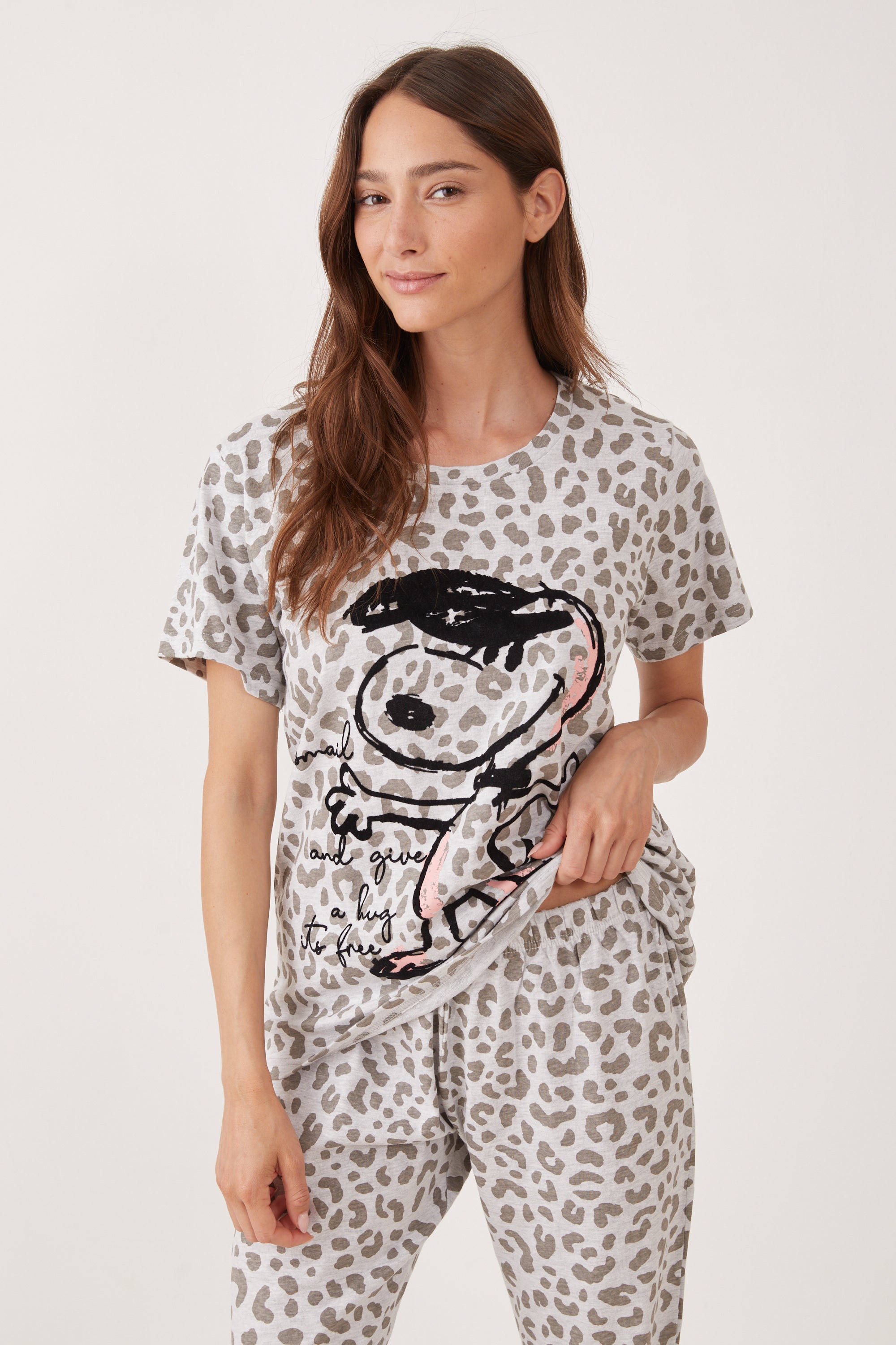 פיג'מה מ.ארוך כותנה סנופי מנומר - אפור מלאנז