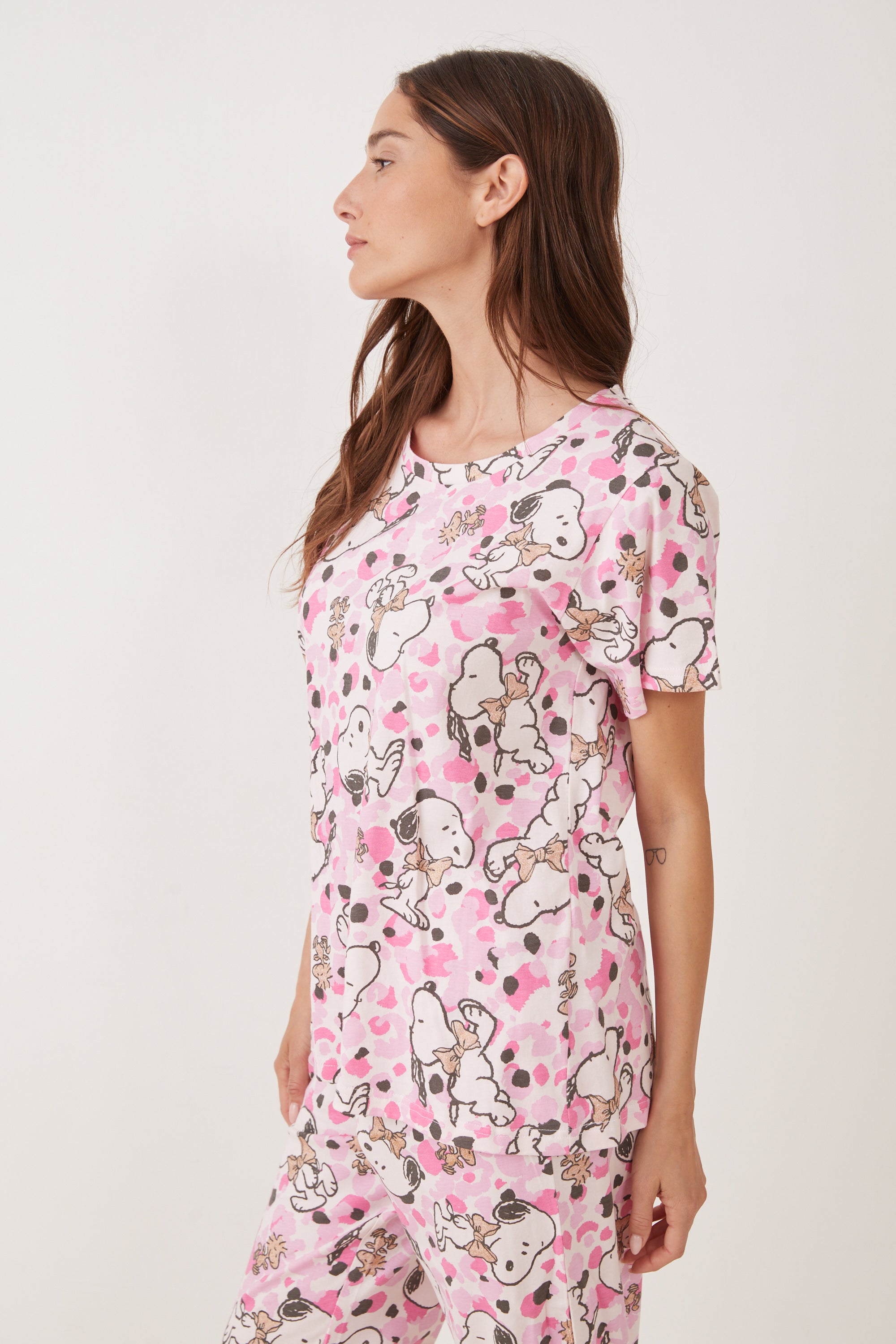 פיג'מה 3/4 כותנה סנופי וחברים - ורוד