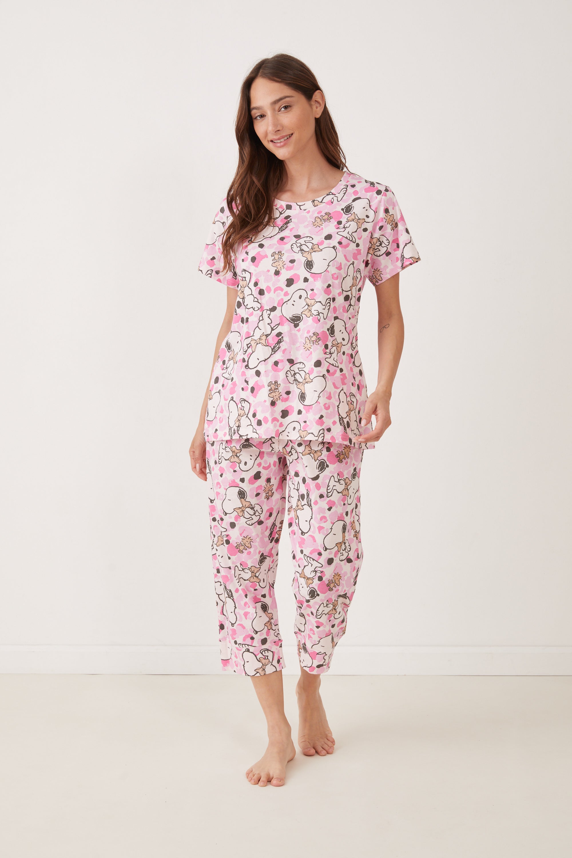 פיג'מה 3/4 כותנה סנופי וחברים - ורוד