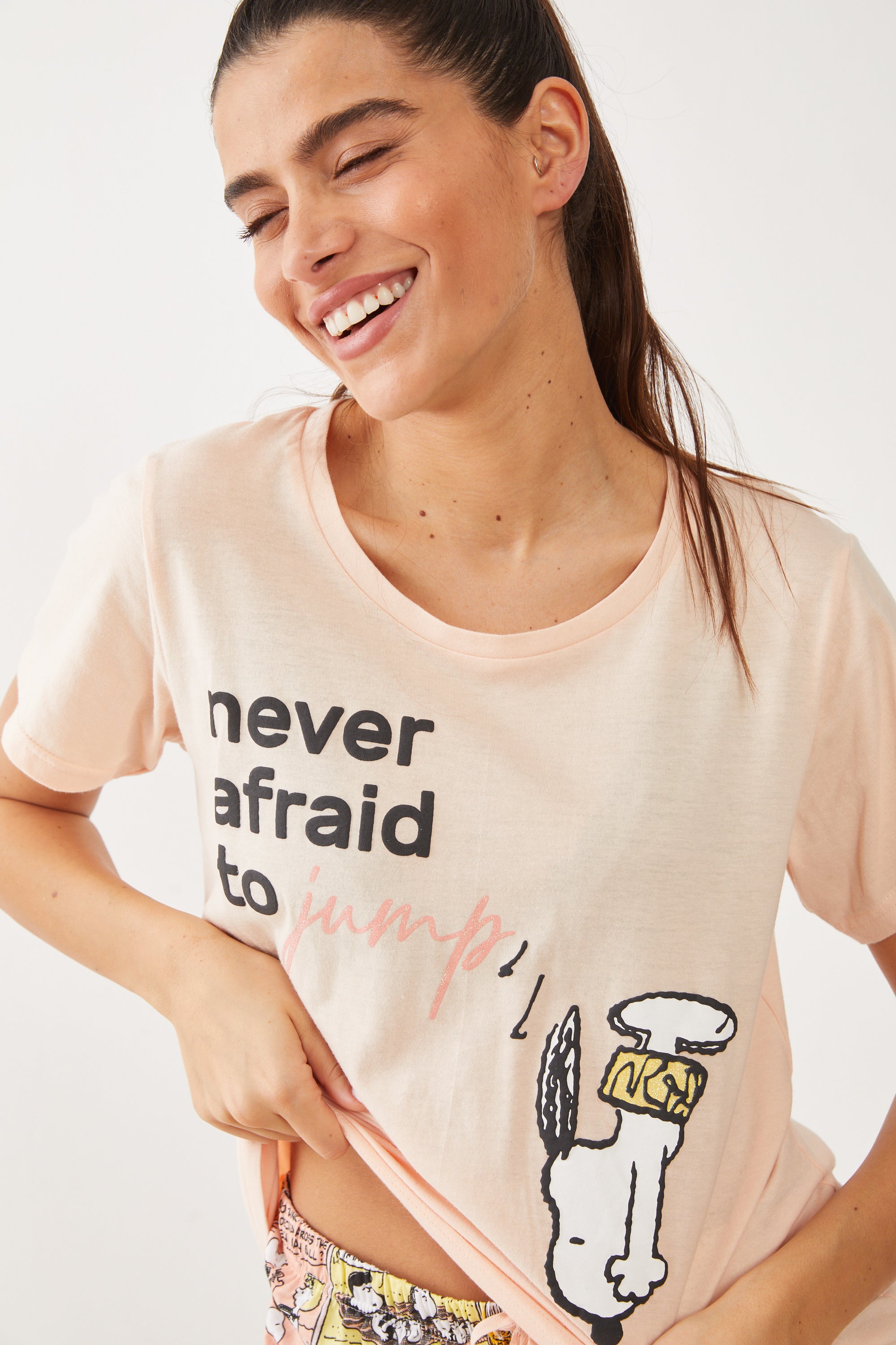 פיג'מה קצרה כותנה סנופי קומיקס - אפרסק