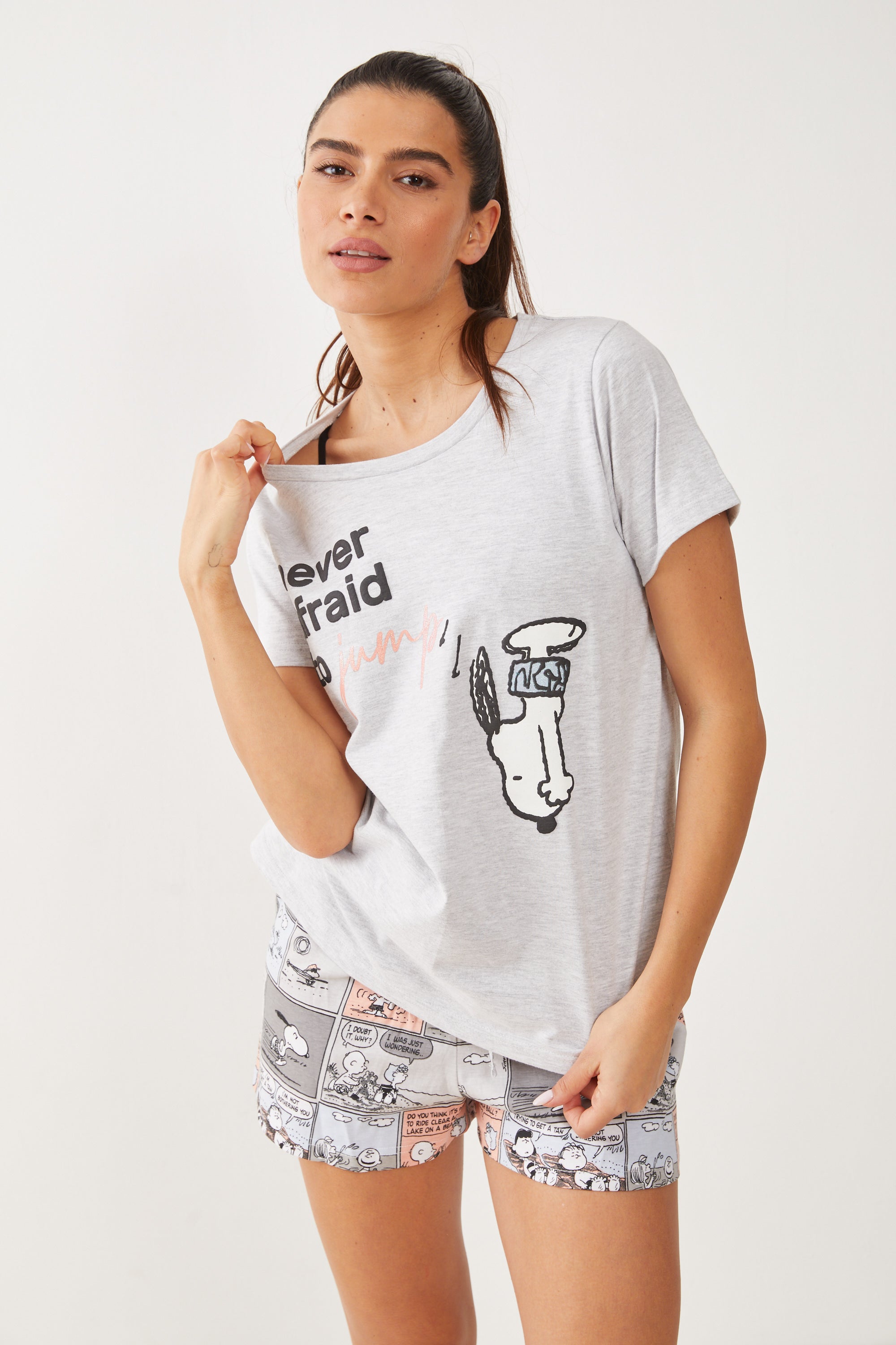 פיג'מה קצרה כותנה סנופי קומיקס - אפור מלאנז