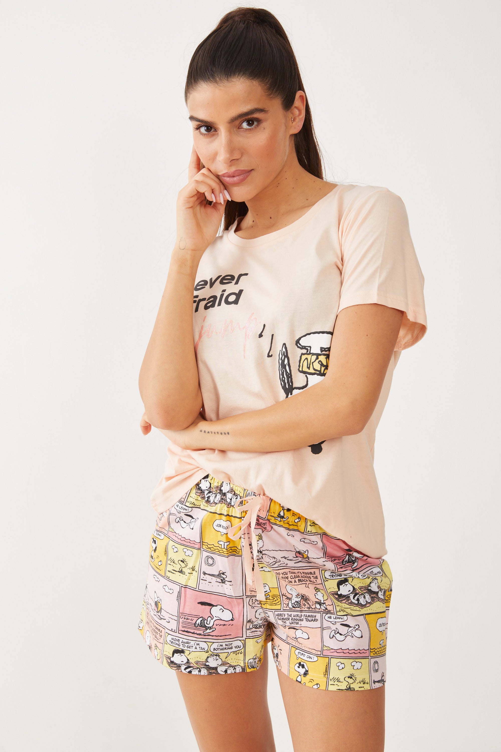 פיג'מה קצרה כותנה סנופי קומיקס - אפרסק